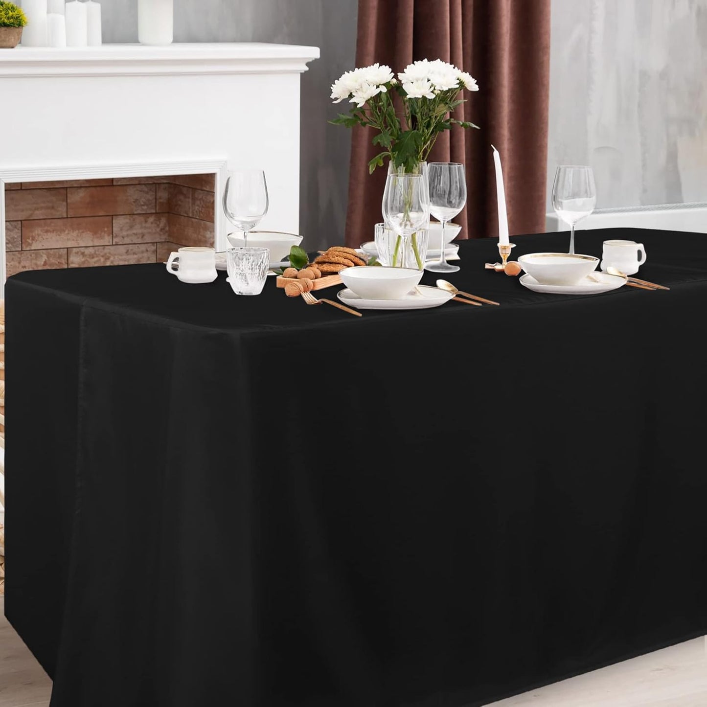 Obstal Black Tablecloth Fitted for 6ft Rectangle Table - Water Resistant Polyester Table Cover for Indoor/Outdoor Use, 72x30 inches