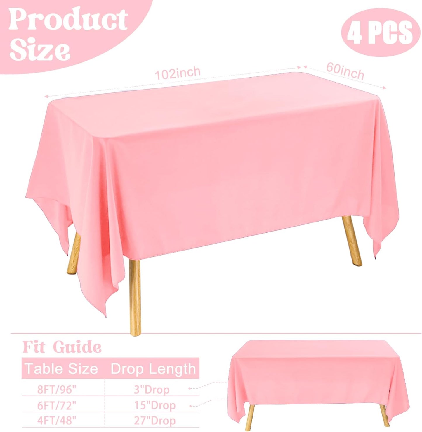 4 Pack Rectangle Tablecloth 60x102 Inch Pink Washable Polyester Table Cover for Wedding Dining Table Buffet Parties Banquet Decoration(Pink)