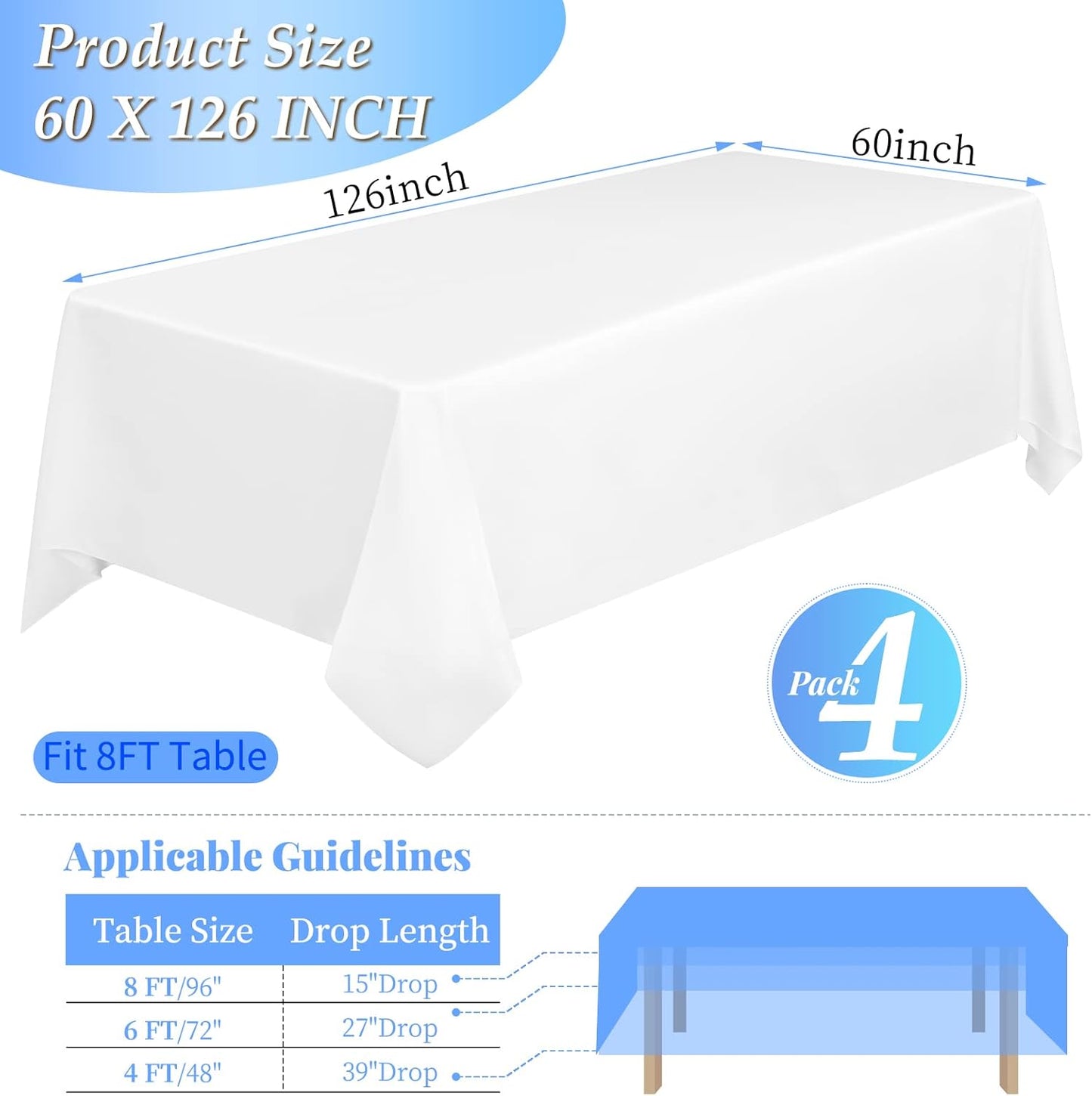 4 Packs Rectangle Tablecloth, 60 x 126 inch White Polyester Tablecloth for 8 Ft Rectangle Tables Fabric Table Cloth Stain and Wrinkle Resistant Washable Table Cover for Dining Table,Birthday,Party