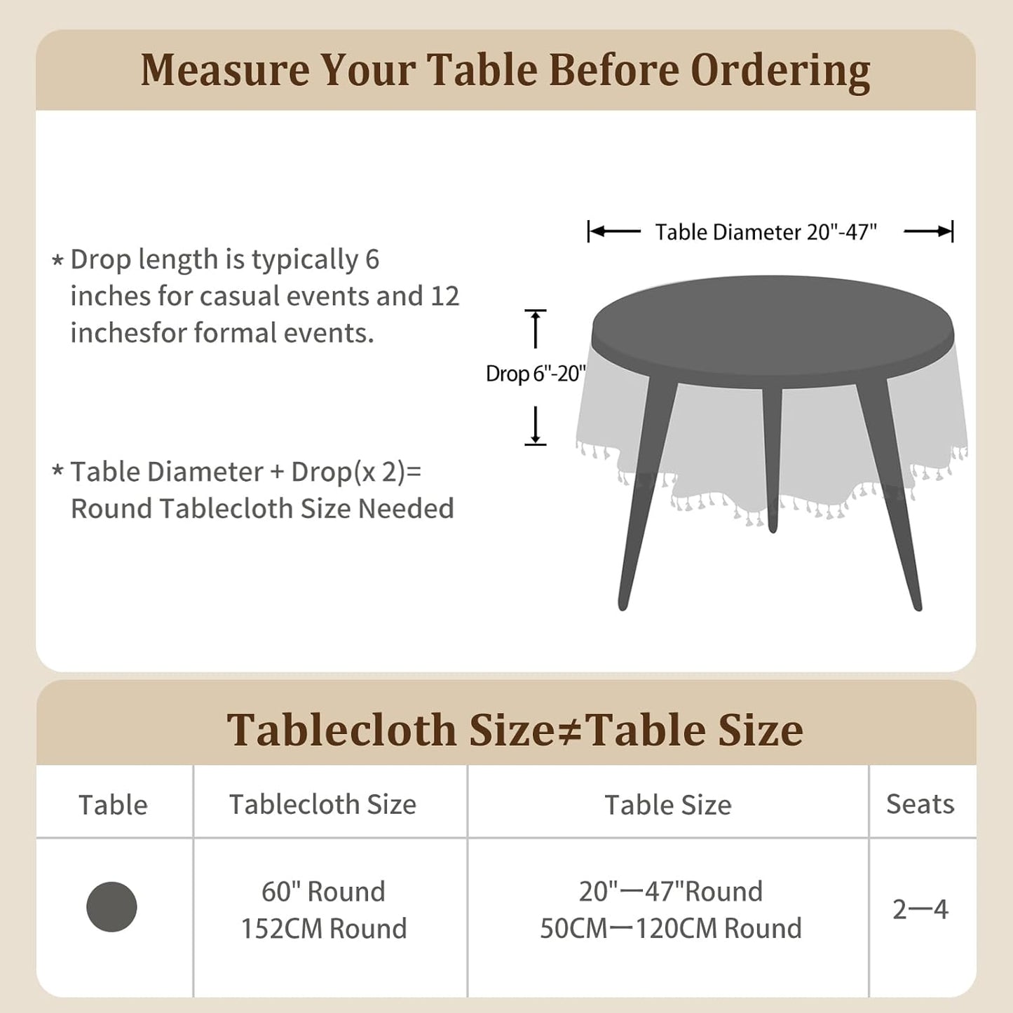 Laolitou Beige Checkered Round Tablecloth Washable Buffalo Plaid Table Cloth with Tassel Cotton Linen Gingham Table Cover for Dining Room, Beige, Round, 60", 2-4 Seats