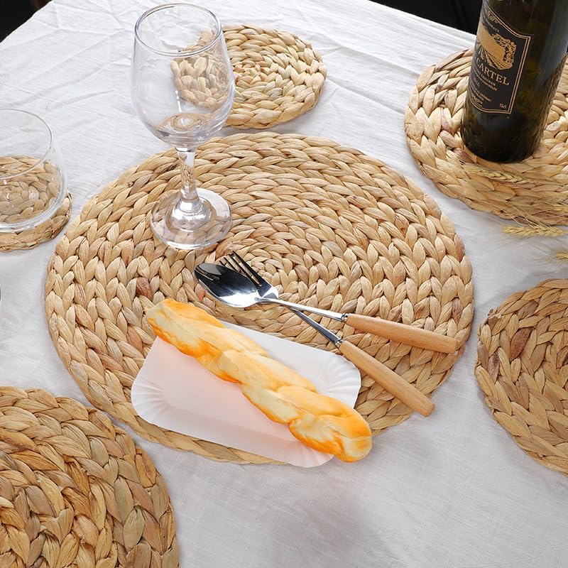 6 Pack Woven Placemats, Round Wicker Placemats, Rattan Place mats, Natural Hand-Woven Water Hyacinth Table Mats, Braided Straw Table Mats for Dining Table (15 inch)
