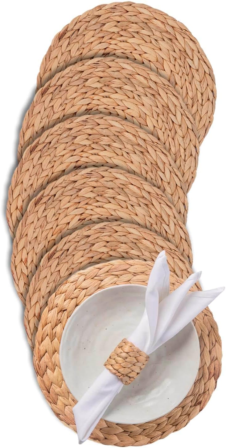 13.8" Round Corn Husk Placemats Set of 6 | Boho Wicker Rattan Woven Table Mats | Farmhouse Spring Plate Chargers Like Seagrass, Water Hyacinth for Christmas, Party, Wedding, Events