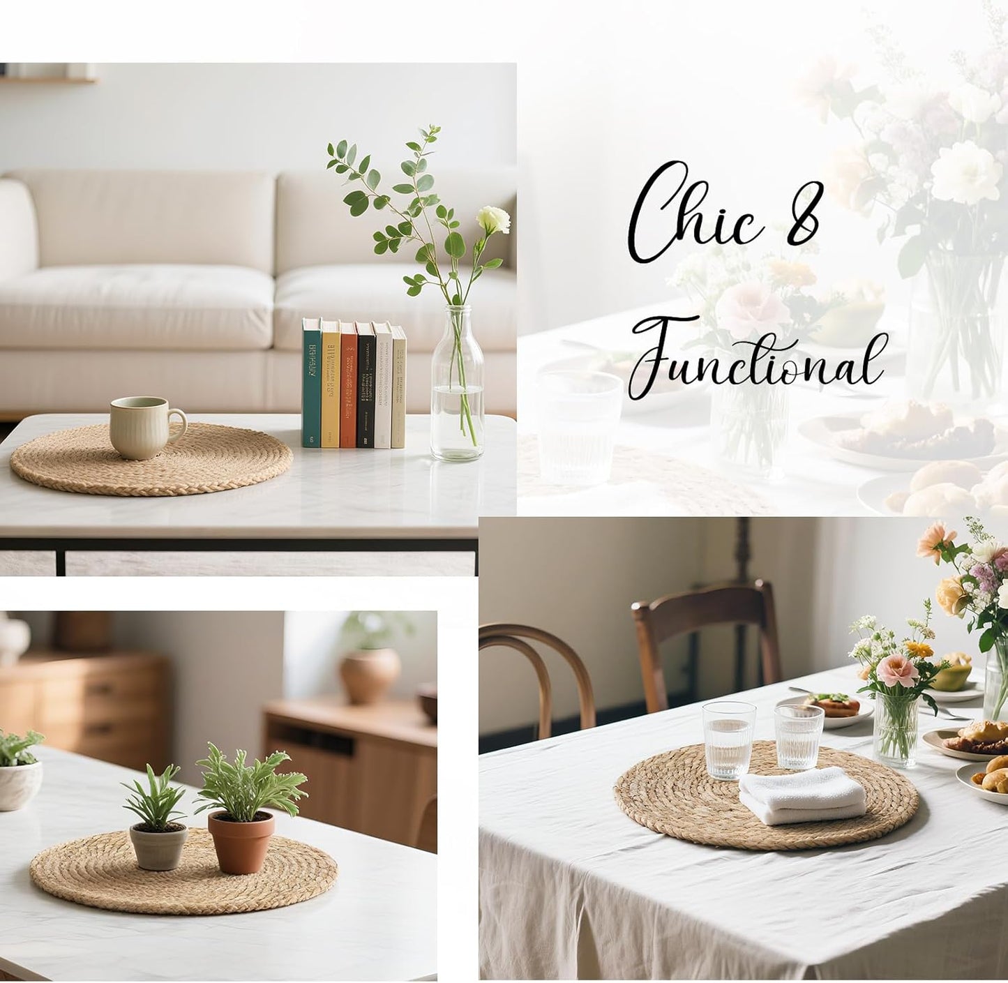 13 Inch Woven Placemats Set of 12, Boho Round Place Mats for Dining Table Decor, Rustic Jute Chargers for Dinner Plates, Outdoor Patio, Farmhouse Wedding, Water Hyacinth Wicker Rattan Braided Placemat