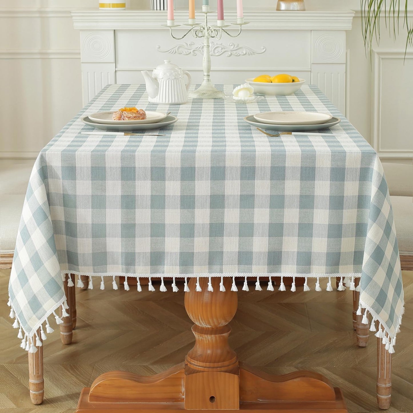 Laolitou Beige Checkered Round Tablecloth Washable Buffalo Plaid Table Cloth with Tassel Cotton Linen Gingham Table Cover for Dining Room, Beige, Round, 60", 2-4 Seats