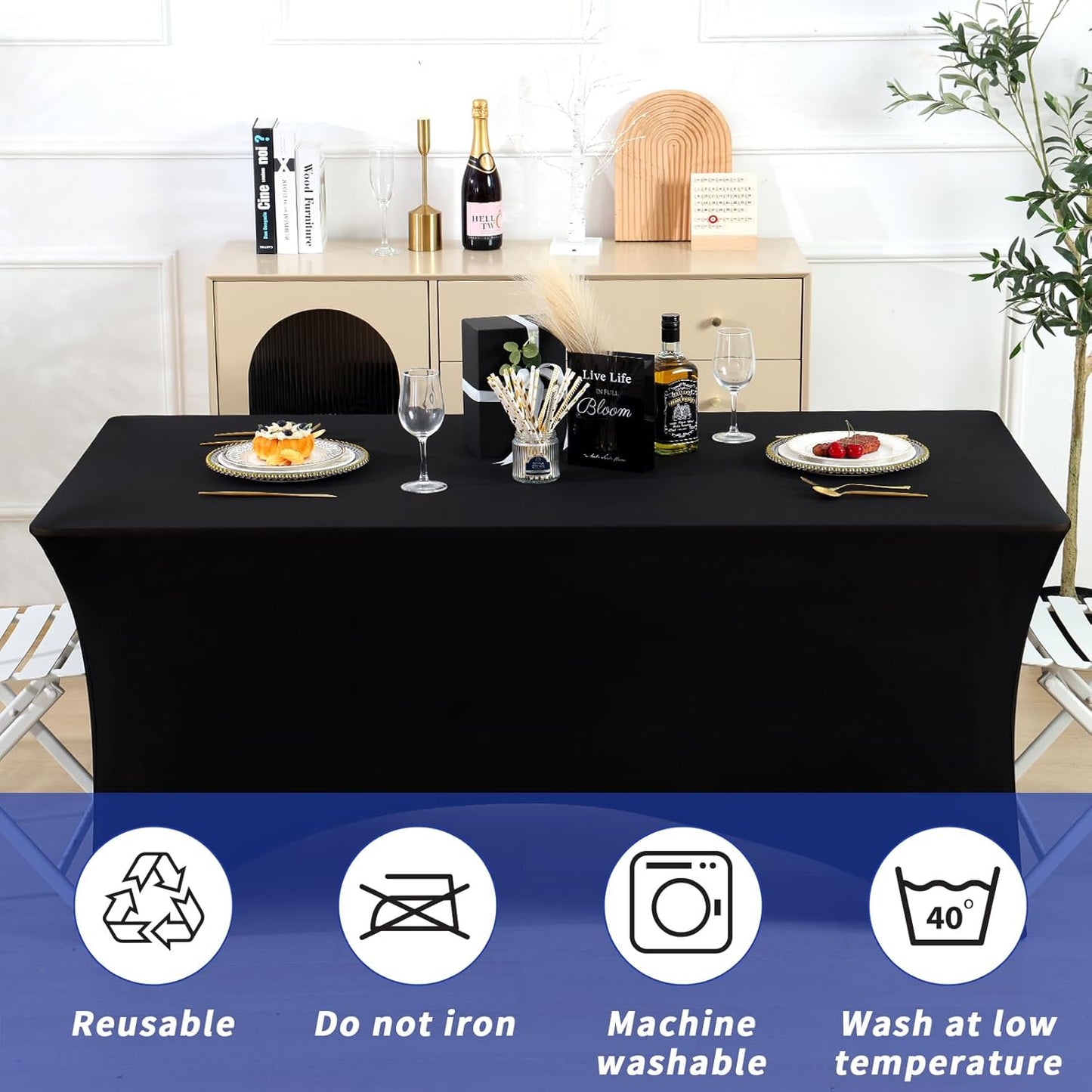 Fixwal 3 Pack Black Table Cloths Rectangle 8FT, Tablecloths Rectangular Stretch Spandex Fitted Table Covers 8 ft for Parties, Trade Shows, Banquet, Weddings, Buffet, Graduation Decorations