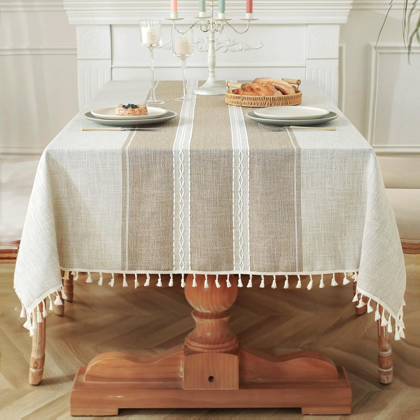 Laolitou Cotton Linen Waterproof Tablecloth for Dining Table Farmhouse Kitchen Rectangle Table Cloth Coffee Wrinkle Free Tables Cover, Beige, Coffee Flower, 55x86 Inch