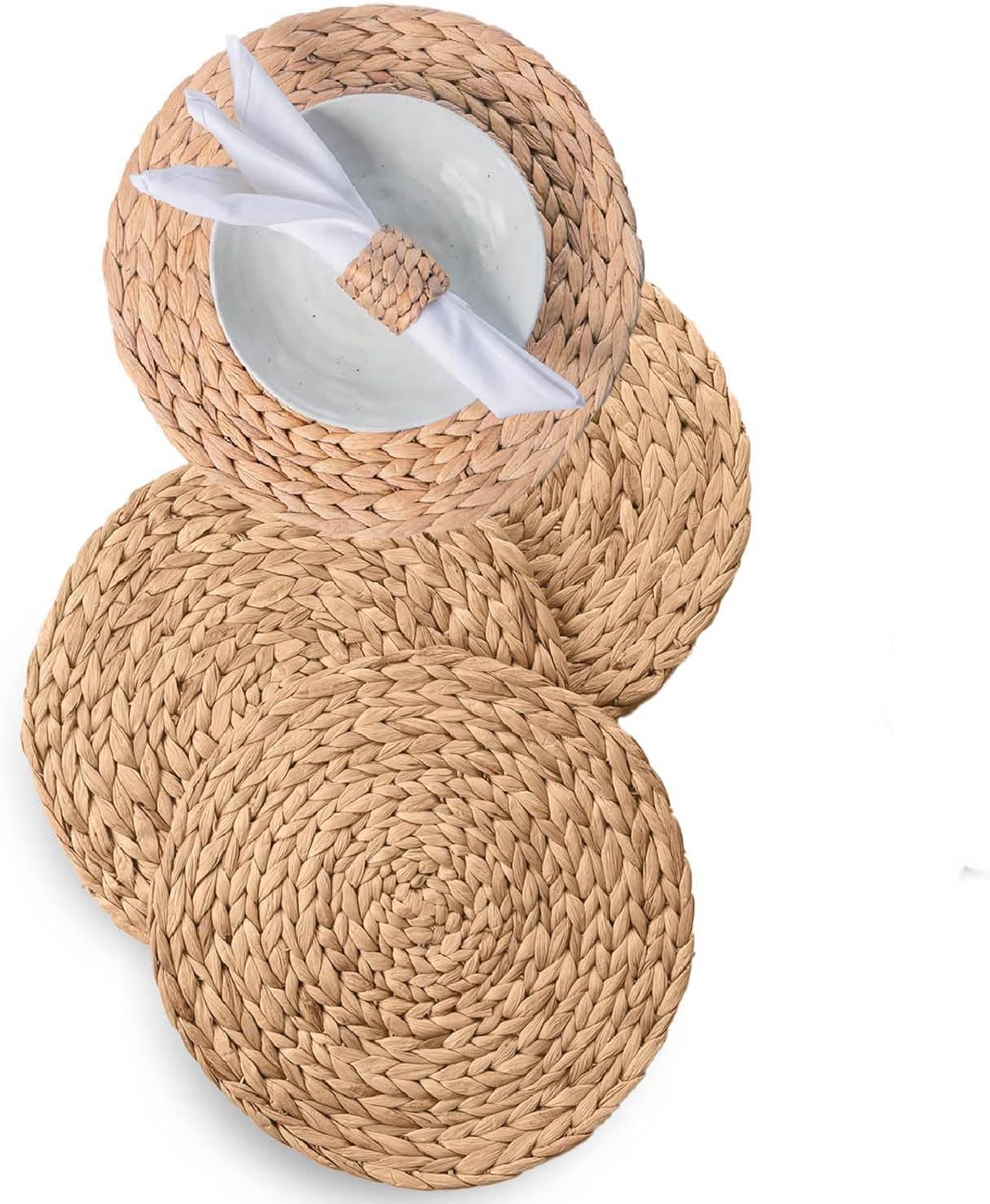 13.8" Round Corn Husk Placemats Set of 6 | Boho Wicker Rattan Woven Table Mats | Farmhouse Spring Plate Chargers Like Seagrass, Water Hyacinth for Christmas, Party, Wedding, Events
