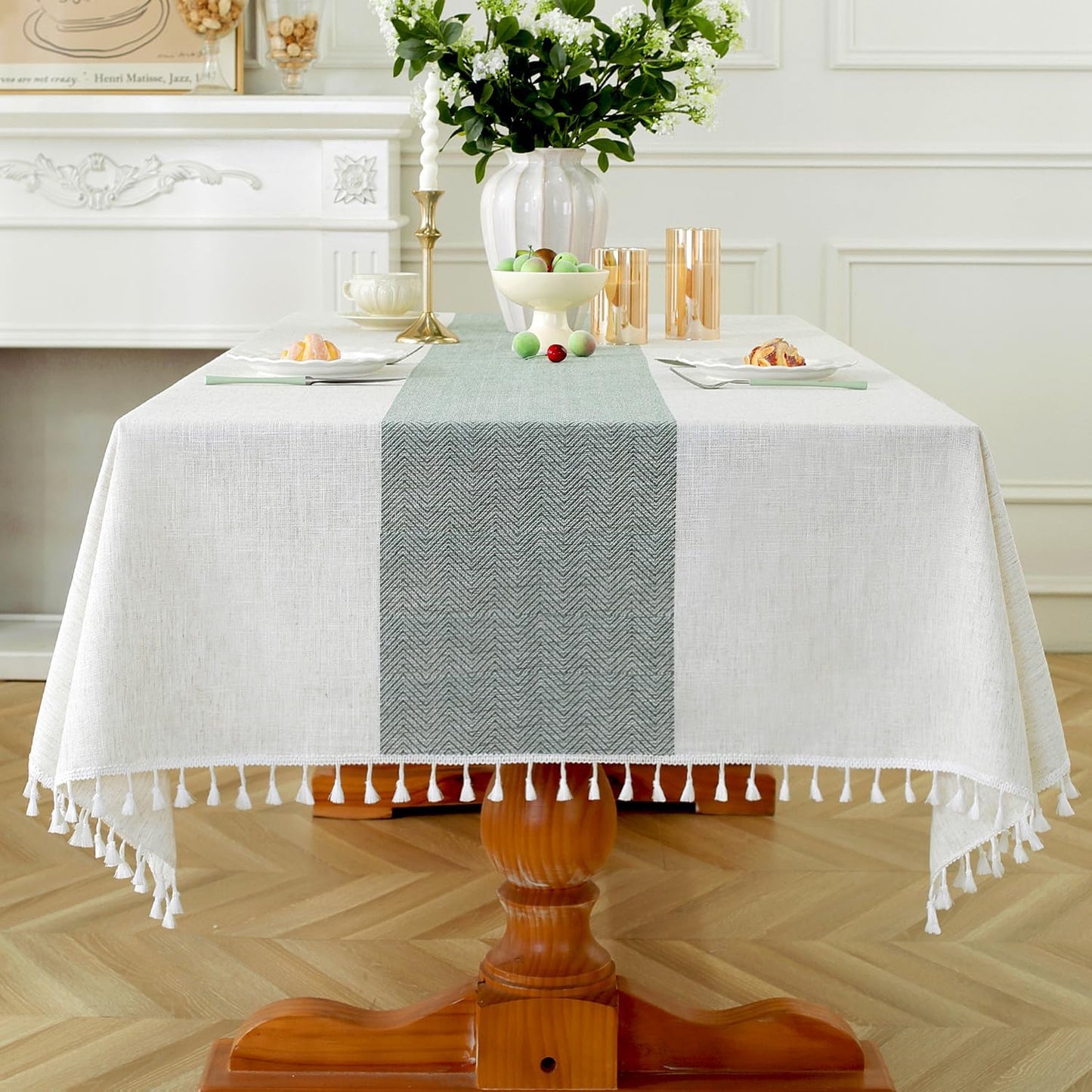 Laolitou Rustic Cotton Linen Table Cloth,Tablecloths for 6 Foot Rectangle Tables,Waterproof Washable Tablecloth with Tassel Rectangle/Oblong, 55''x 86'', 6-8 Seats