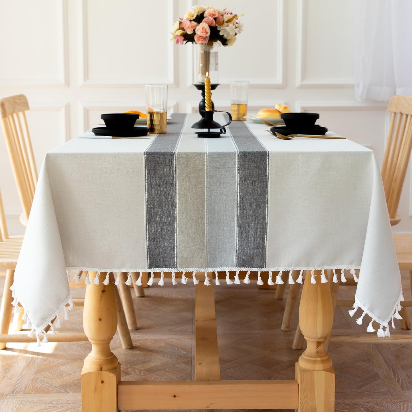 Laolitou Rustic Cotton Linen Table Cloth,Tablecloths for 6 Foot Rectangle Tables,Waterproof Washable Tablecloth with Tassel Rectangle/Oblong, 55''x 86'', 6-8 Seats