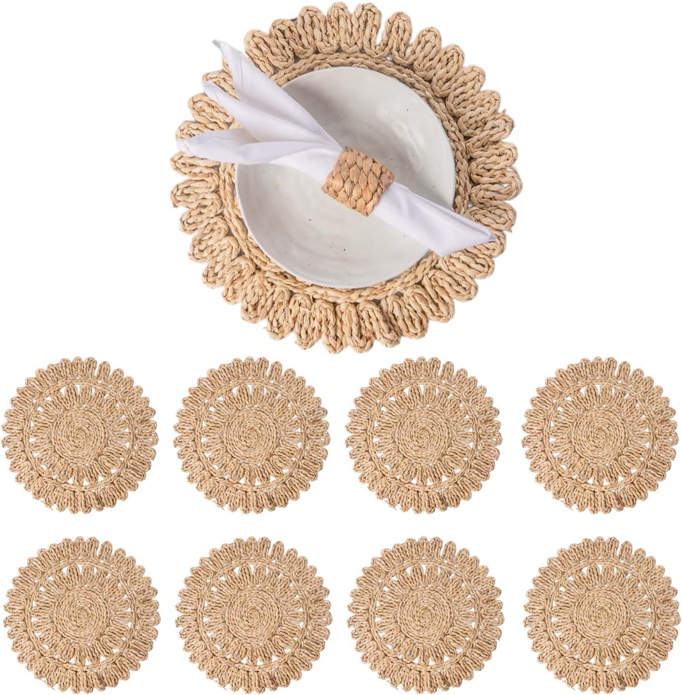 13.8" Round Corn Husk Placemats Set of 6 | Boho Wicker Rattan Woven Table Mats | Farmhouse Spring Plate Chargers Like Seagrass, Water Hyacinth for Christmas, Party, Wedding, Events