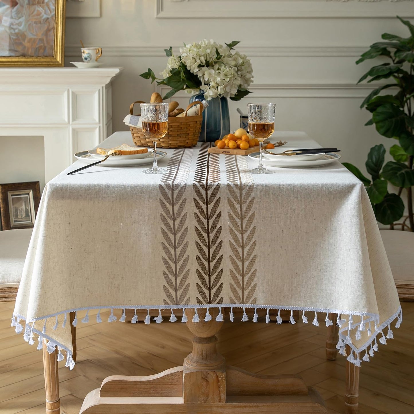 Oubonun Cotton Linen Rectangular Tablecloth - Wrinkle Resistant & Waterproof - Machine Washable Table Cloth with Tassels for Kitchen & Dining, 55''x86'', 6-8 Seats, Grey