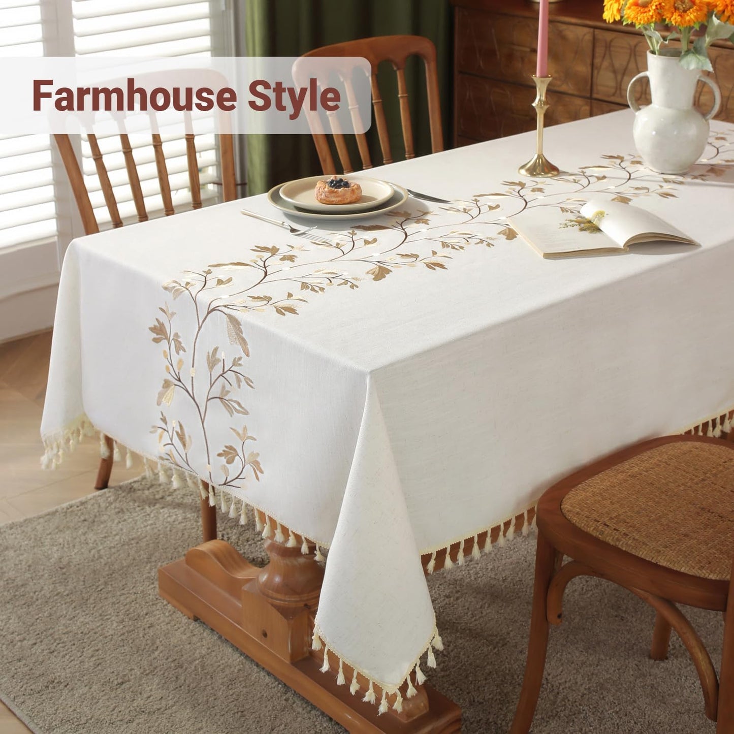 Laolitou Cotton Linen Waterproof Tablecloth for Dining Table Farmhouse Kitchen Rectangle Table Cloth Coffee Wrinkle Free Tables Cover, Beige, Coffee Flower, 55x86 Inch