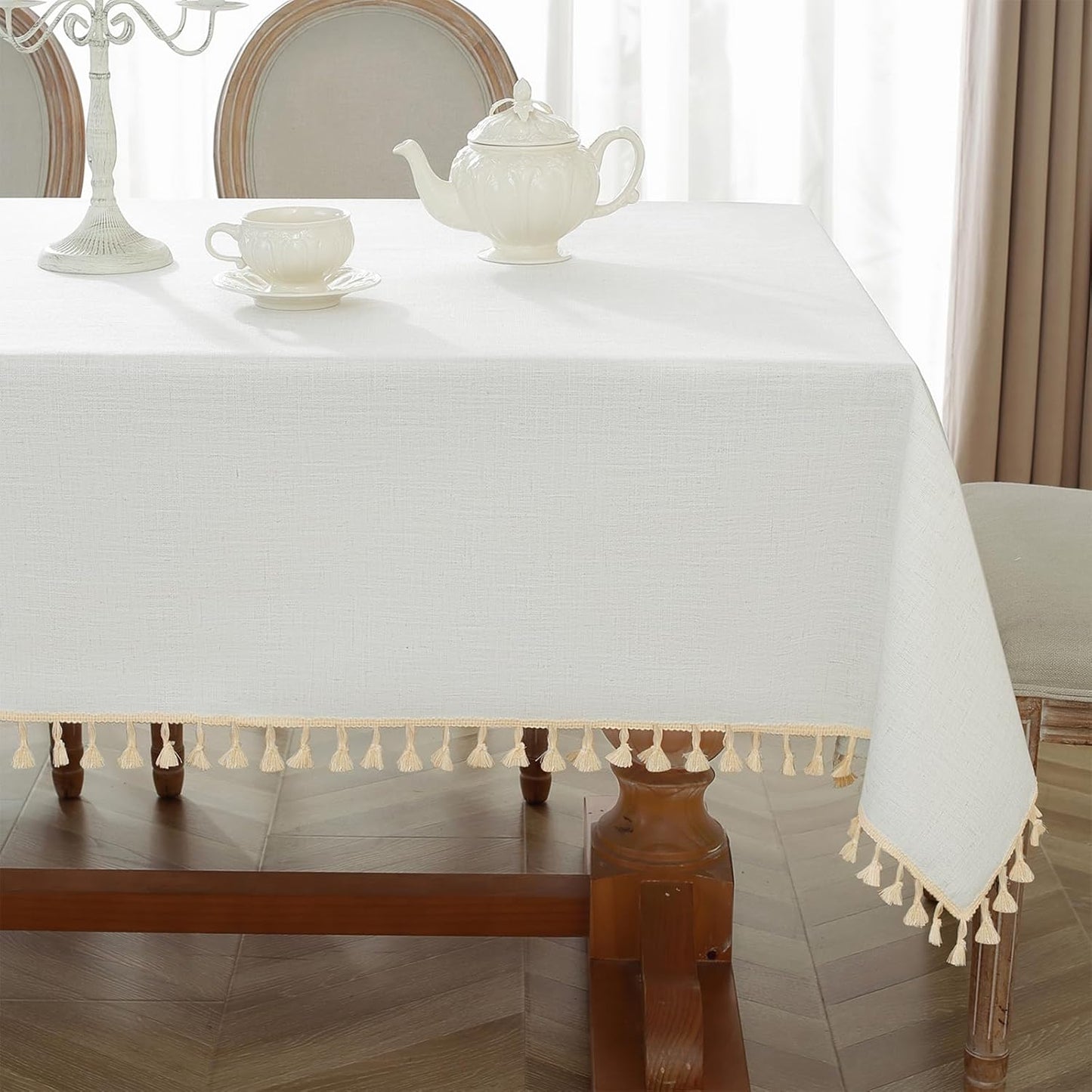 Alsoo Table Cloth Rectangle Table Heavy Duty Cotton Linen Tablecloth Farmhouse Boho Waterproof Wrinkle Free Tables Cover with Tassel for Kitchen Dining Holiday Party, Pink, 55" x 75"