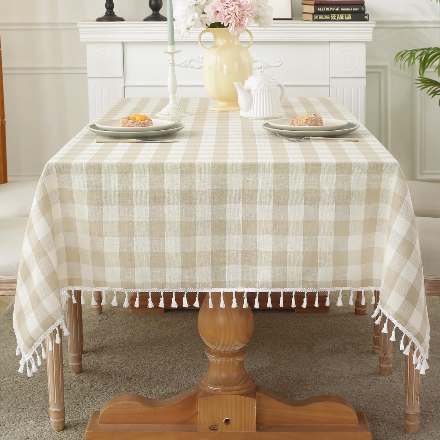 Laolitou Beige Checkered Round Tablecloth Washable Buffalo Plaid Table Cloth with Tassel Cotton Linen Gingham Table Cover for Dining Room, Beige, Round, 60", 2-4 Seats
