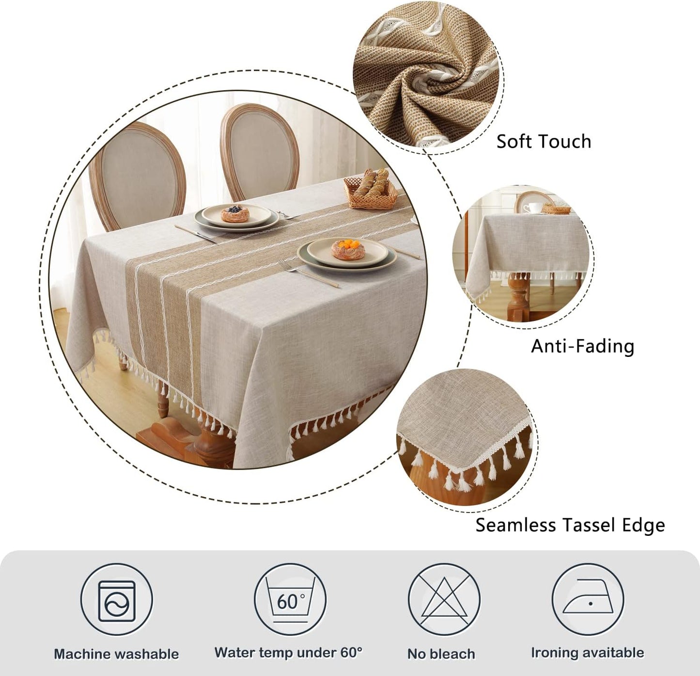 Laolitou Rustic Cotton Linen Table Cloth,Tablecloths for 6 Foot Rectangle Tables,Waterproof Washable Tablecloth with Tassel Rectangle/Oblong, 55''x 86'', 6-8 Seats