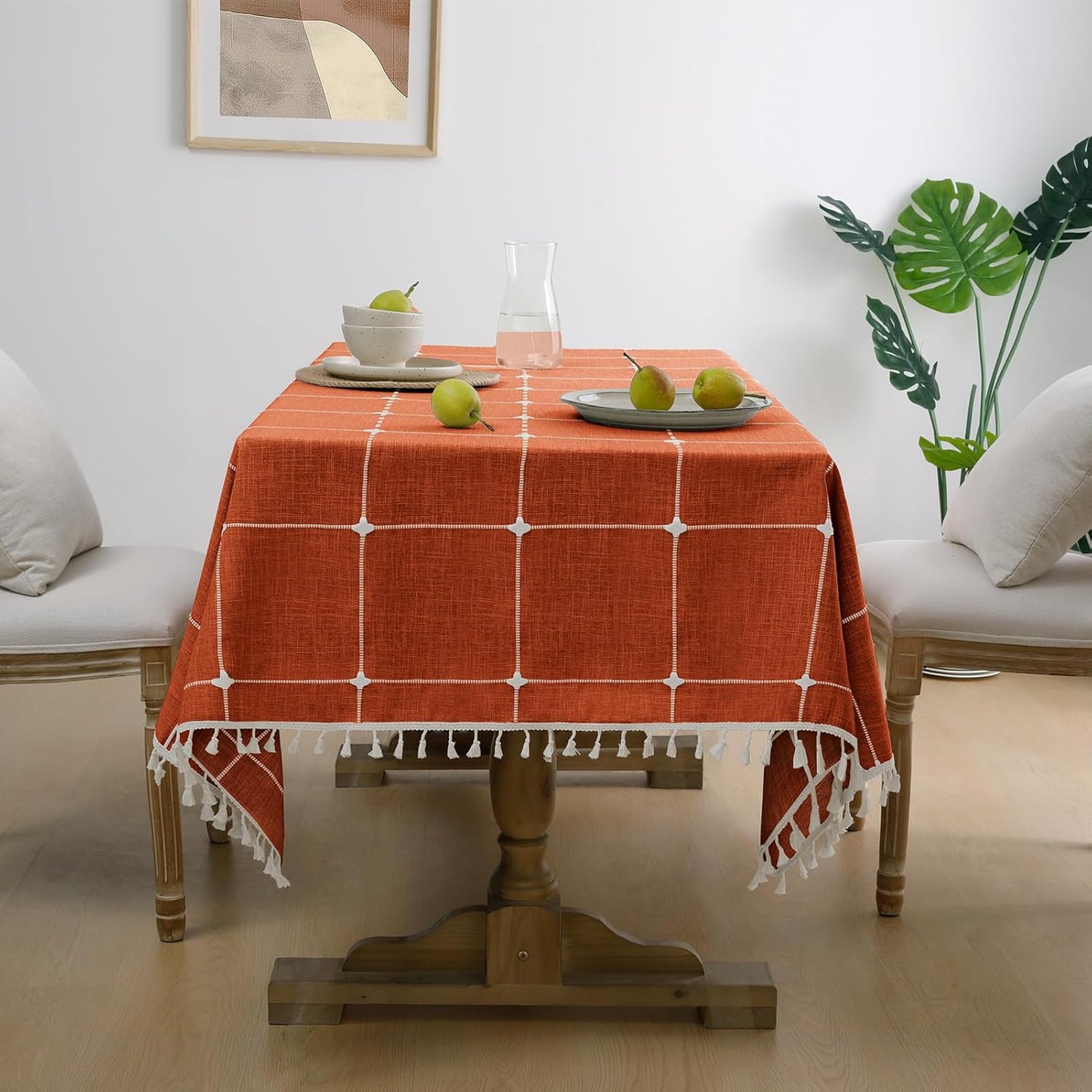 Softalker Fall Tablecloth Rectangle, Outdoor Waterproof Linen Cotton Farmhouse Table Cloths with Tassel, Heavy Weight Wrinkle Free Table Cover for Dining/Party/Rustic - 55 x 120 Inch, Coffee Lines
