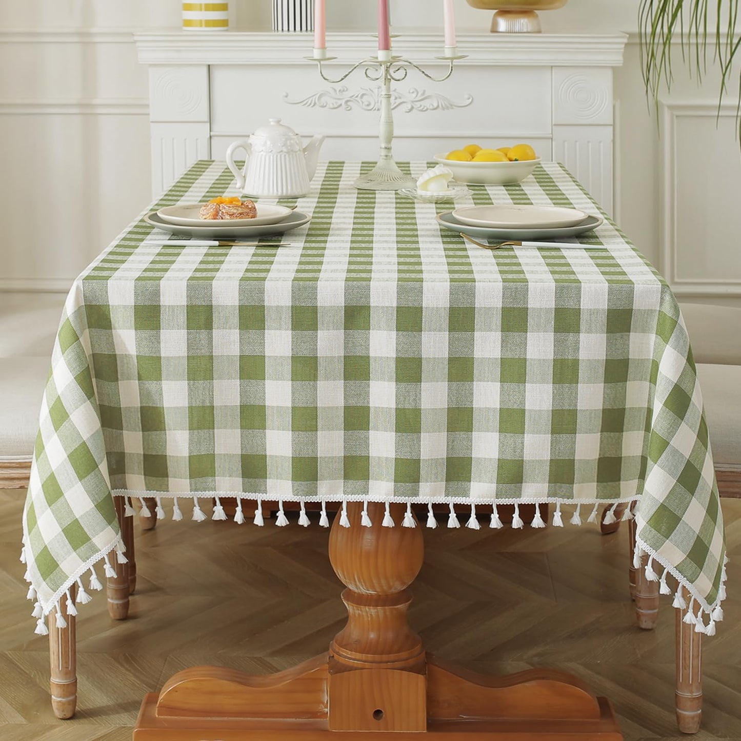Laolitou Beige Checkered Round Tablecloth Washable Buffalo Plaid Table Cloth with Tassel Cotton Linen Gingham Table Cover for Dining Room, Beige, Round, 60", 2-4 Seats