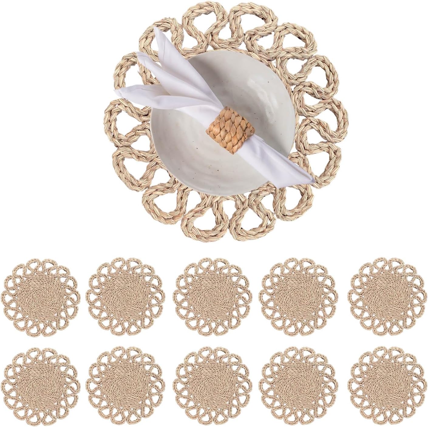 13.8" Round Corn Husk Placemats Set of 6 | Boho Wicker Rattan Woven Table Mats | Farmhouse Spring Plate Chargers Like Seagrass, Water Hyacinth for Christmas, Party, Wedding, Events