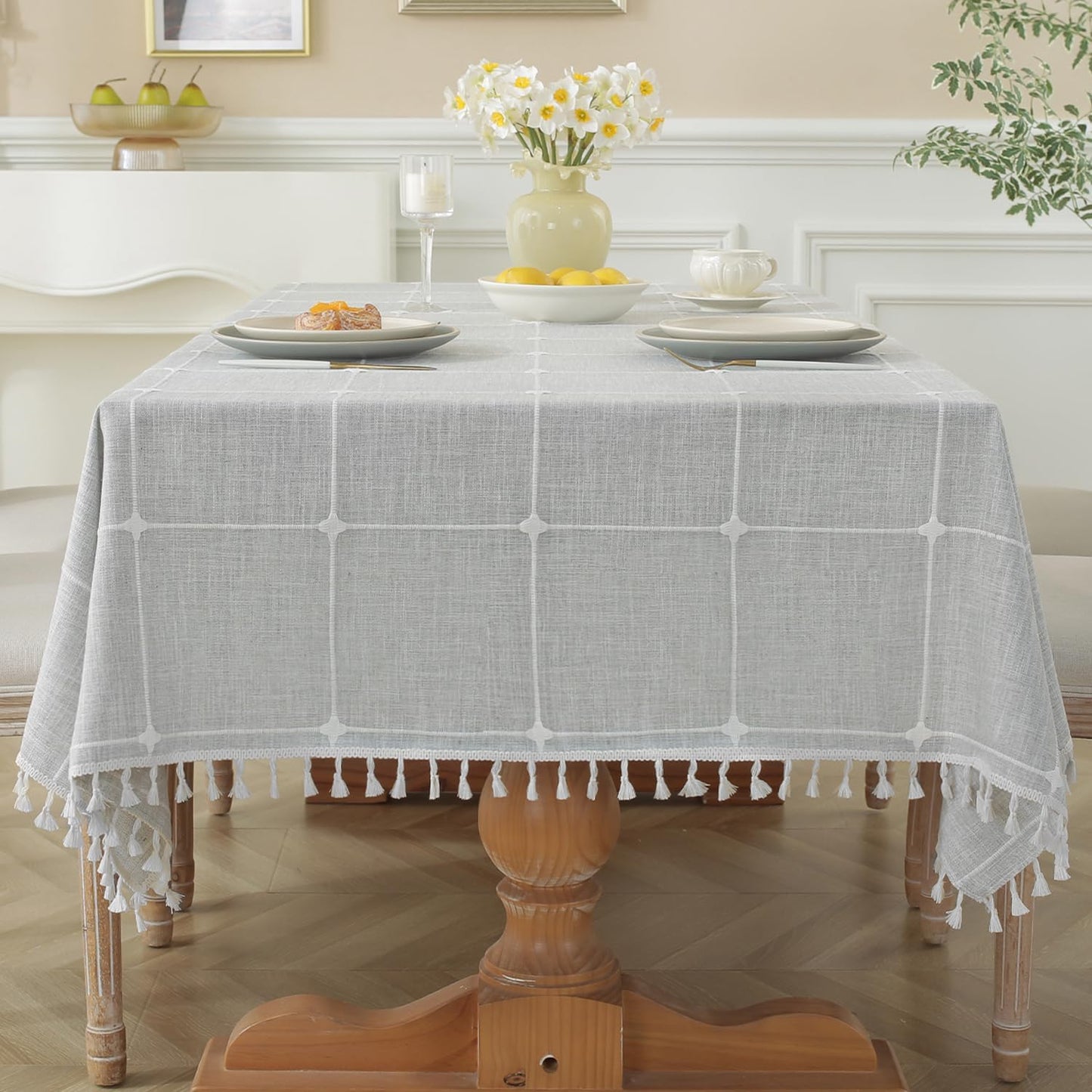 Laolitou Rustic Cotton Linen Table Cloth,Tablecloths for 6 Foot Rectangle Tables,Waterproof Washable Tablecloth with Tassel Rectangle/Oblong, 55''x 86'', 6-8 Seats