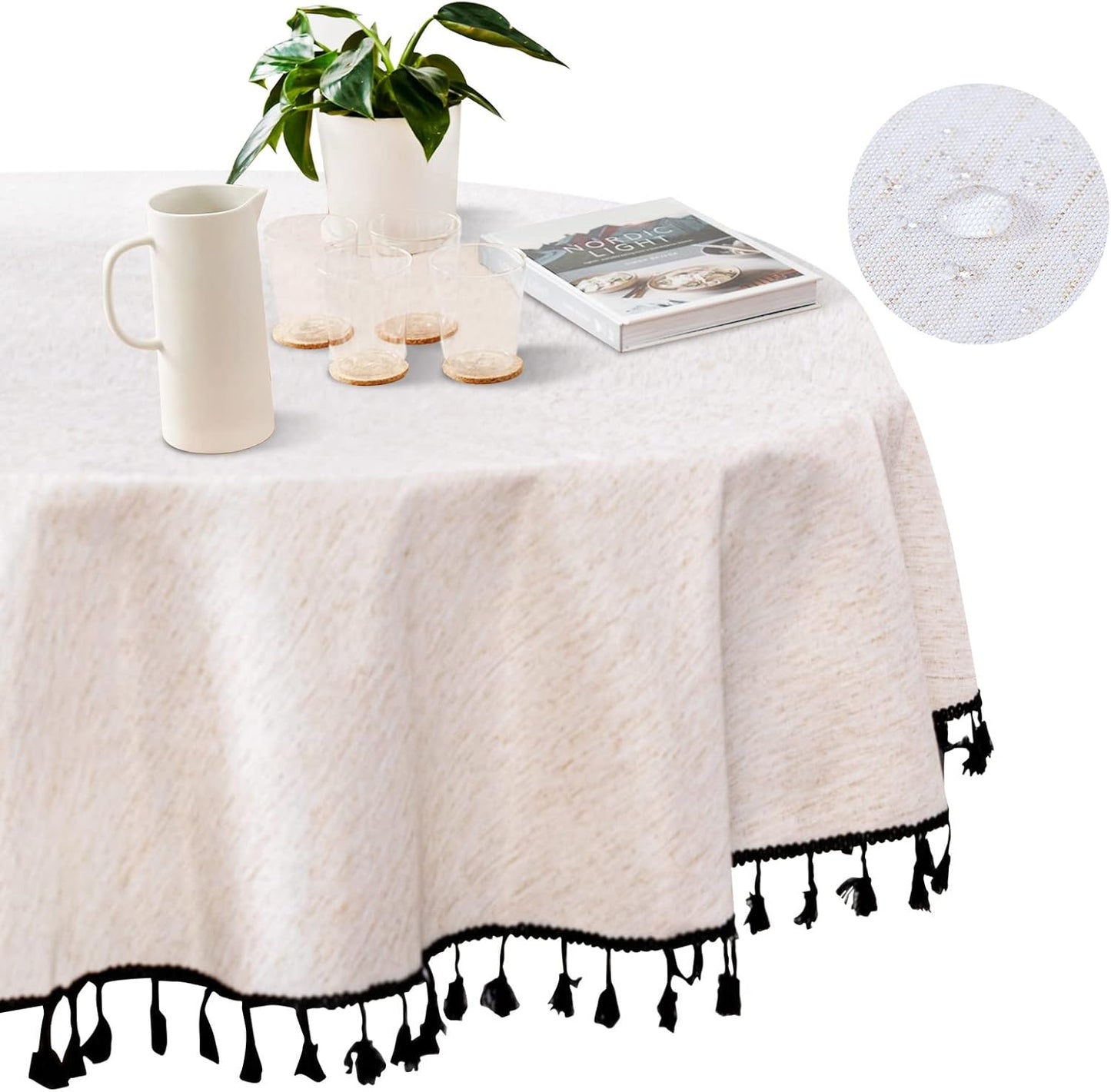MYSKY HOME Table Cloth 60x84 in Rectangle Table, Heavy Duty Cotton Tassel Linen Look Waterproof Tablecloths Farmhouse Tablecloth, Wrinkle Free Table Cover with Beige Tassels for Kitchen Dining, Party