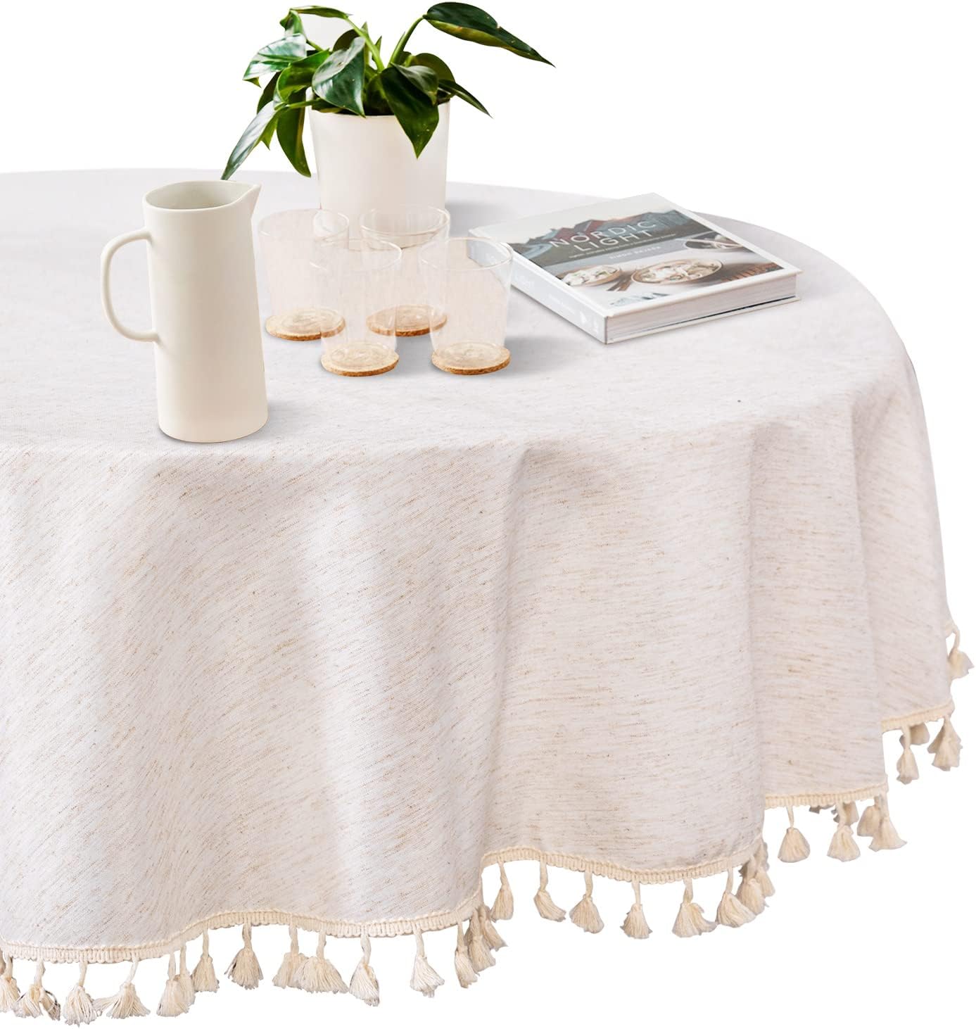 MYSKY HOME Table Cloth 60x84 in Rectangle Table, Heavy Duty Cotton Tassel Linen Look Waterproof Tablecloths Farmhouse Tablecloth, Wrinkle Free Table Cover with Beige Tassels for Kitchen Dining, Party