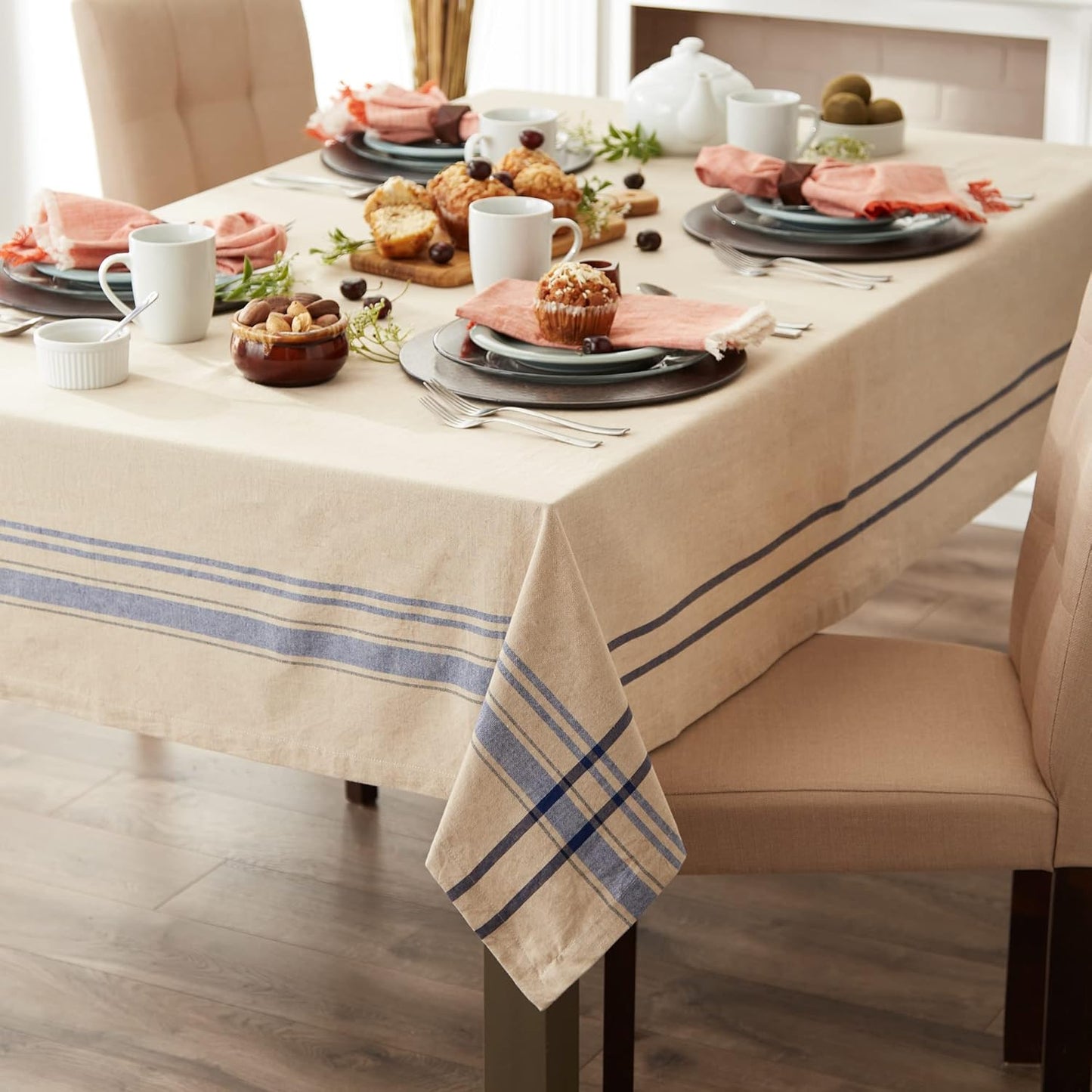 DII French Stripe Tabletop Collection Farmhouse Style Dining Table Linen Tablecloth, 60x104, Taupe/Blue