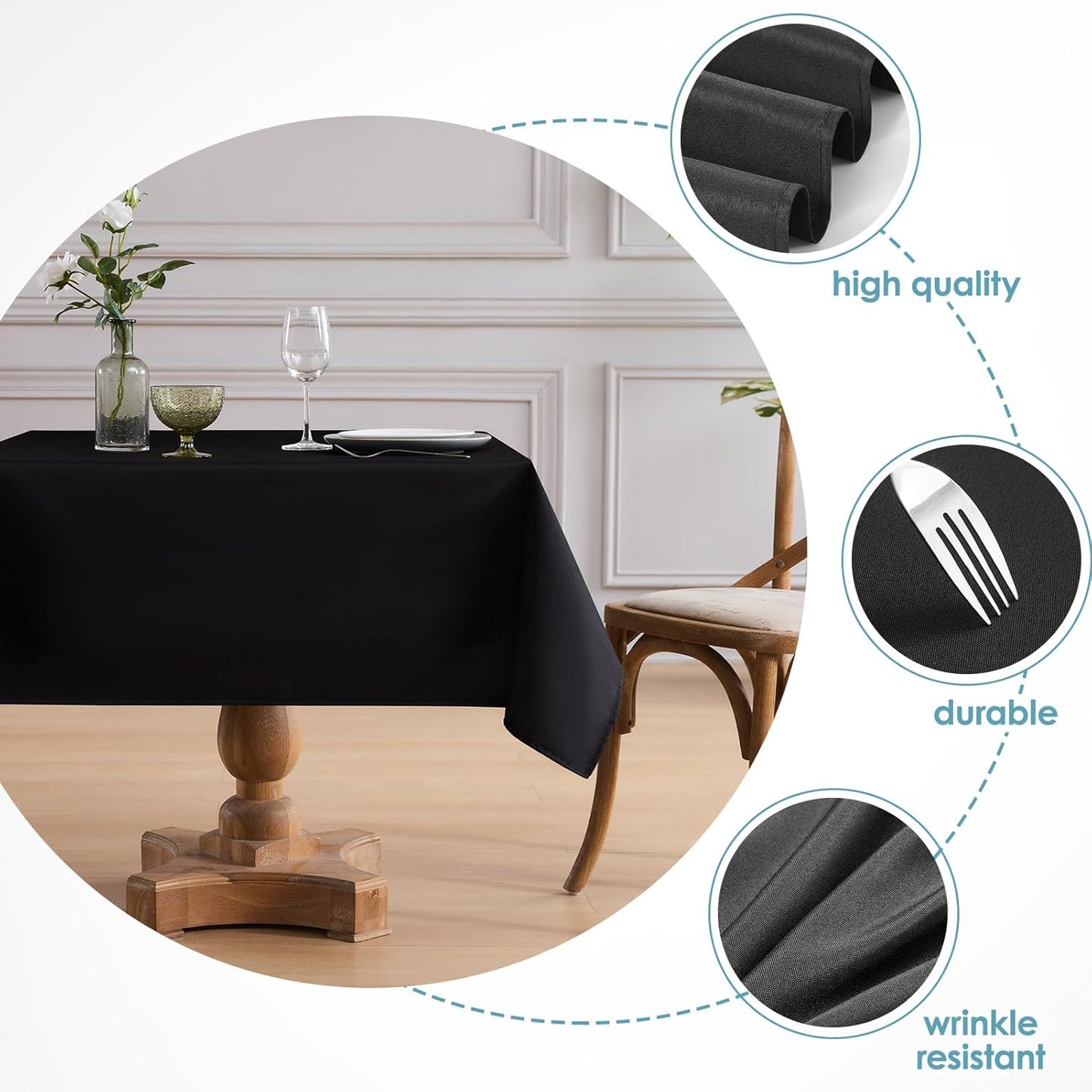 VidaFete Square Tablecloth 2 Pack 52 x 52 Inch Tablecloths Stain Wrinkle Resistant Polyester Dining Table Cover for Kitchen Dinning Party Wedding Rectangular Tabletop Buffet Decoration(Black)