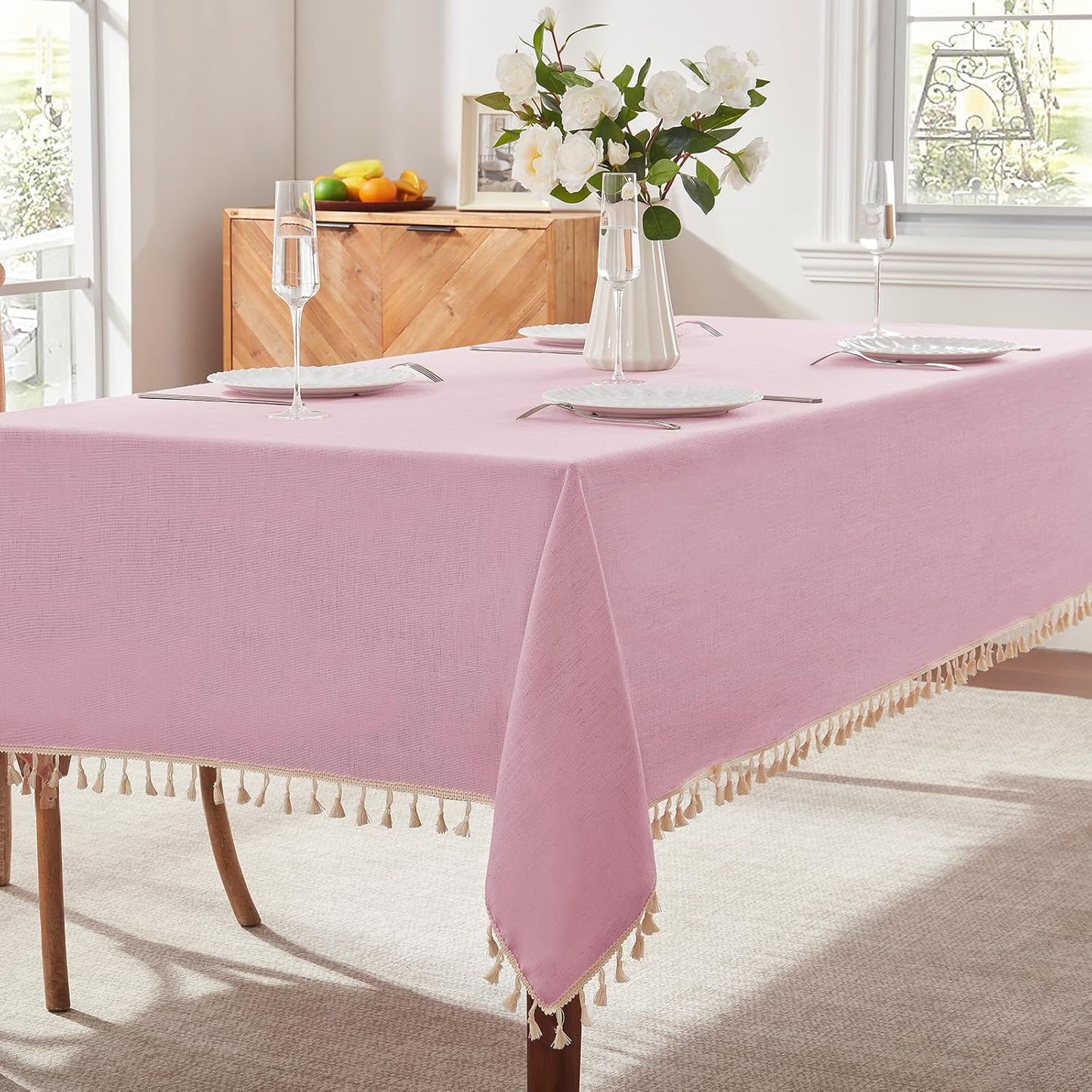 Alsoo Table Cloth Rectangle Table Heavy Duty Cotton Linen Tablecloth Farmhouse Boho Waterproof Wrinkle Free Tables Cover with Tassel for Kitchen Dining Holiday Party, Pink, 55" x 75"