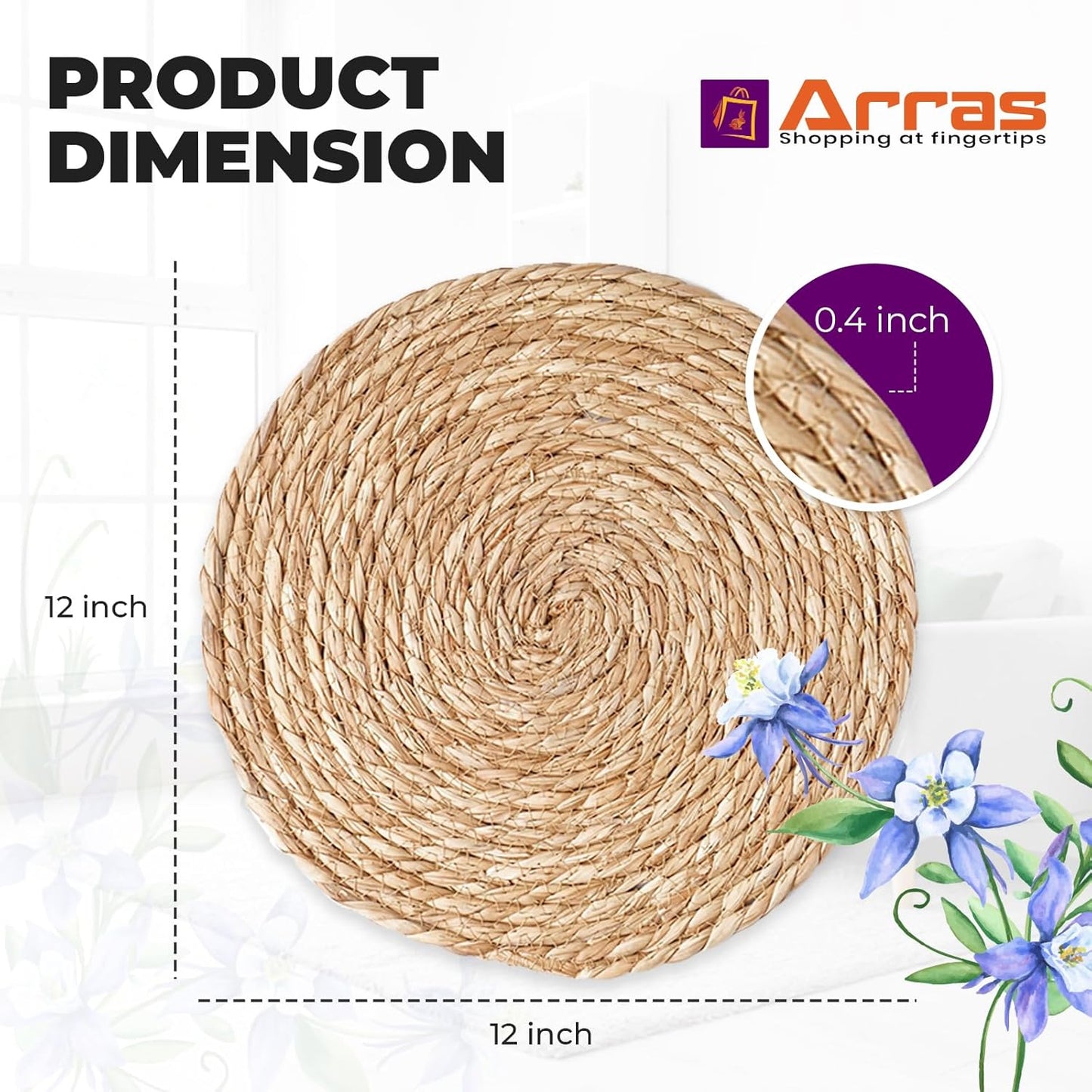 ARRAS 6 Pack Woven Round Rattan Placemats I 12" Natural Water Hyacinth Wicker Placemats I Rustic Boho Braided Wicker Table Mats I Heat Resistant Woven Placemat I Ideal for Dining, Kitchen, Home Decor