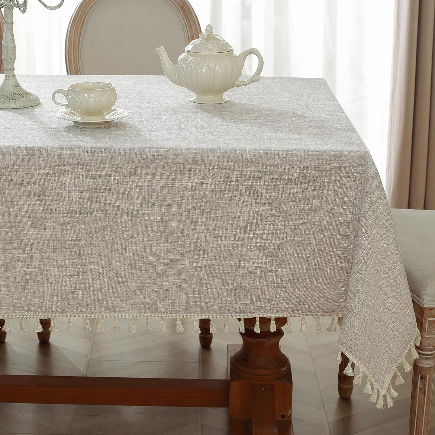Alsoo Table Cloth Rectangle Table Heavy Duty Cotton Linen Tablecloth Farmhouse Boho Waterproof Wrinkle Free Tables Cover with Tassel for Kitchen Dining Holiday Party, Pink, 55" x 75"
