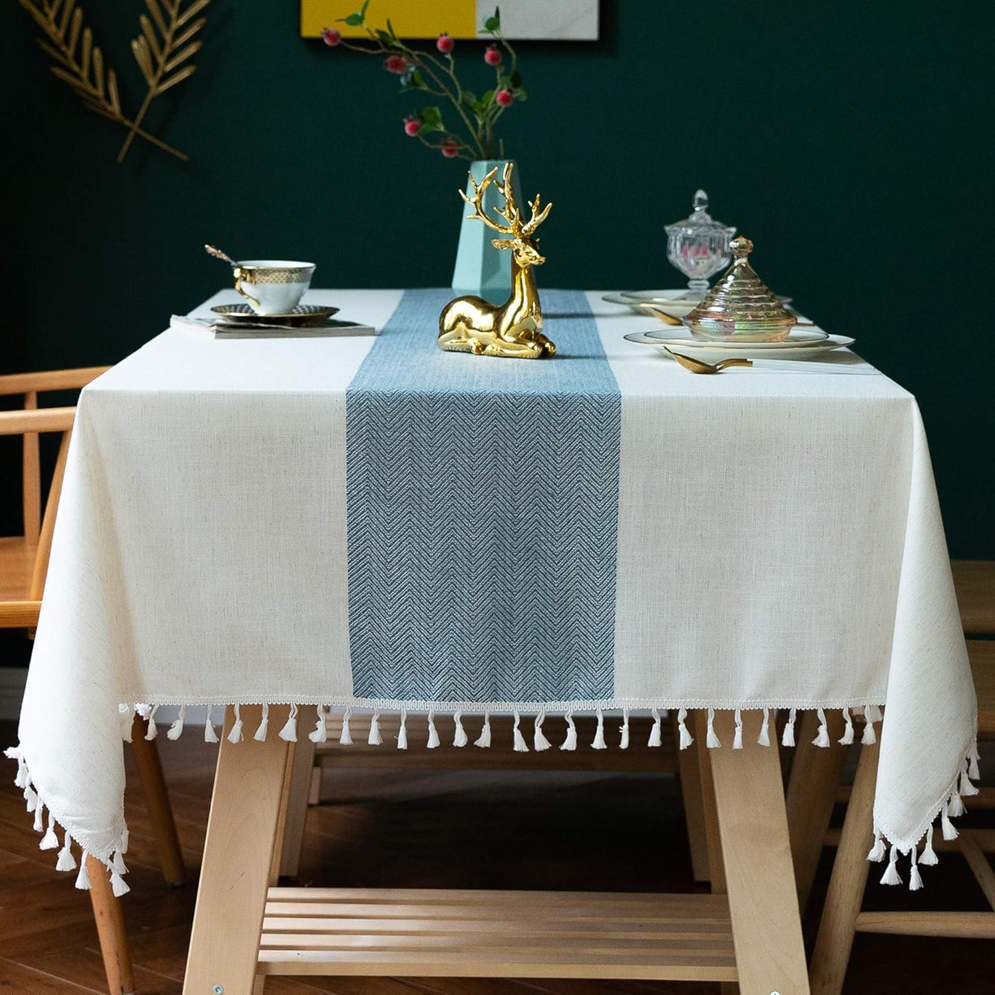 Oubonun Cotton Linen Rectangular Tablecloth - Wrinkle Resistant & Waterproof - Machine Washable Table Cloth with Tassels for Kitchen & Dining, 55''x86'', 6-8 Seats, Grey