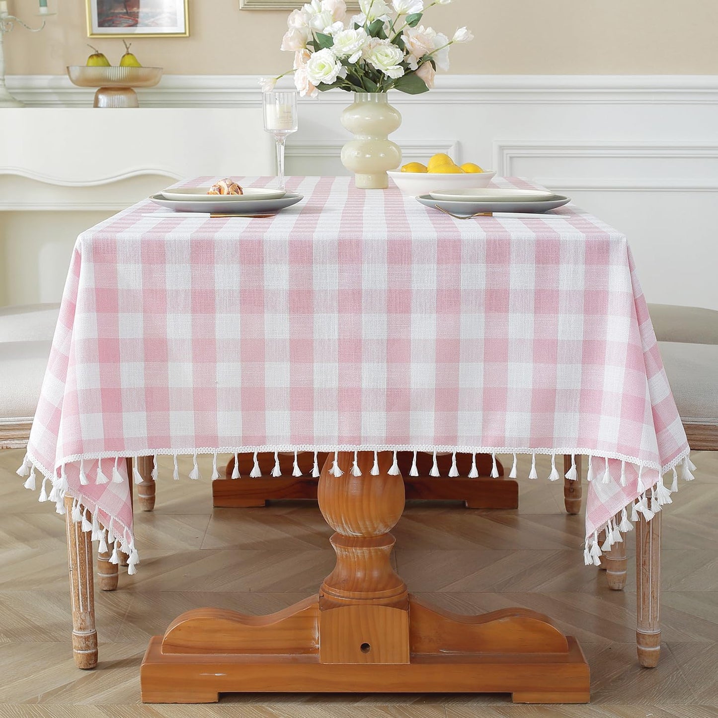 Laolitou Beige Checkered Round Tablecloth Washable Buffalo Plaid Table Cloth with Tassel Cotton Linen Gingham Table Cover for Dining Room, Beige, Round, 60", 2-4 Seats
