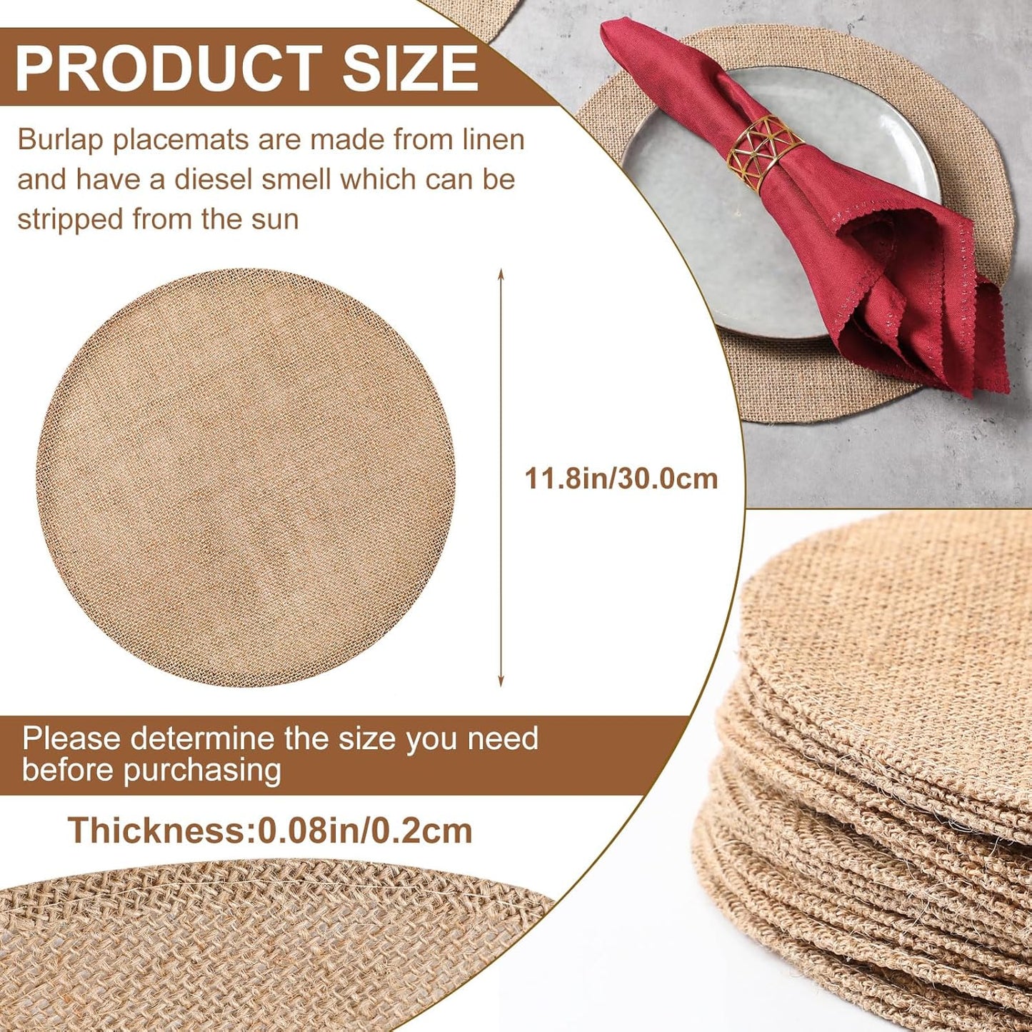 Yunlly Set of 48 Burlap Round Placemats Bulk Burlap Circle Rustic Table Decorations Jute Farmhouse Placemats Heat Resistant Round Table Mats Charger Place Mats for Christmas(11.8 in,Brown)