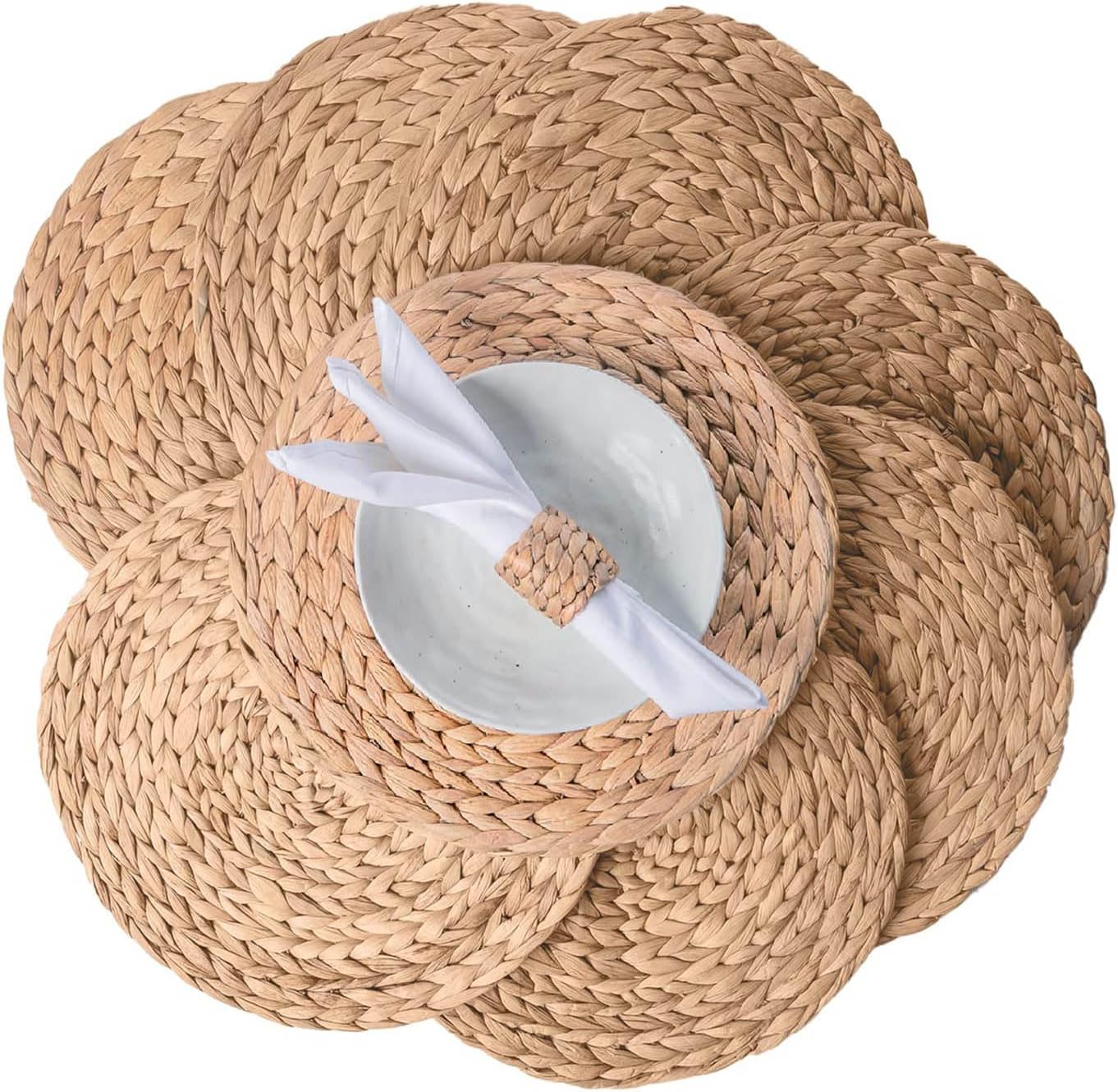 13.8" Round Corn Husk Placemats Set of 6 | Boho Wicker Rattan Woven Table Mats | Farmhouse Spring Plate Chargers Like Seagrass, Water Hyacinth for Christmas, Party, Wedding, Events