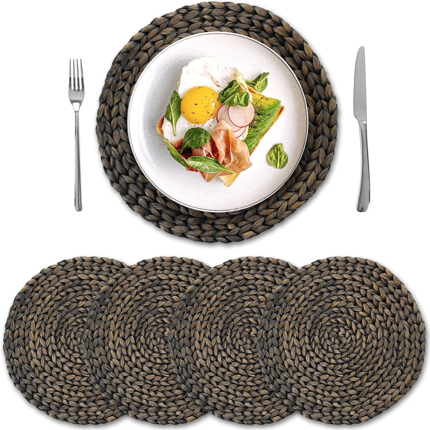 6 Pack, Round Woven Placemats, Natural Water Hyacinth Wicker Place mats, Braided Straw Table Mats for Dining Table, Fall, Halloween, Thanksgiving, Chrismats, Black (13.8 inch)