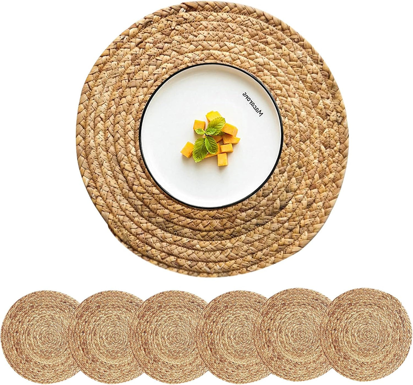 Round Placemats Set of 8 Natural Woven Rattan Placemats, Braided Boho Farmhouse Place Mats Heat Resistant Dining Table Mats Straw Placemat Wicker Outdoor Placemat for Patio Table 13.4''