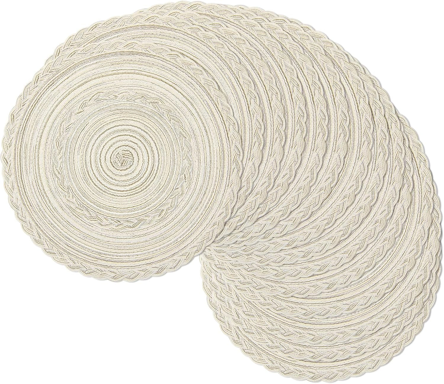 SHACOS 15 inch Beige Round Placemats Set of 12 for Dining Table Woven Braided Circle Place Mats Kitchen Placemat Washable Table Mats
