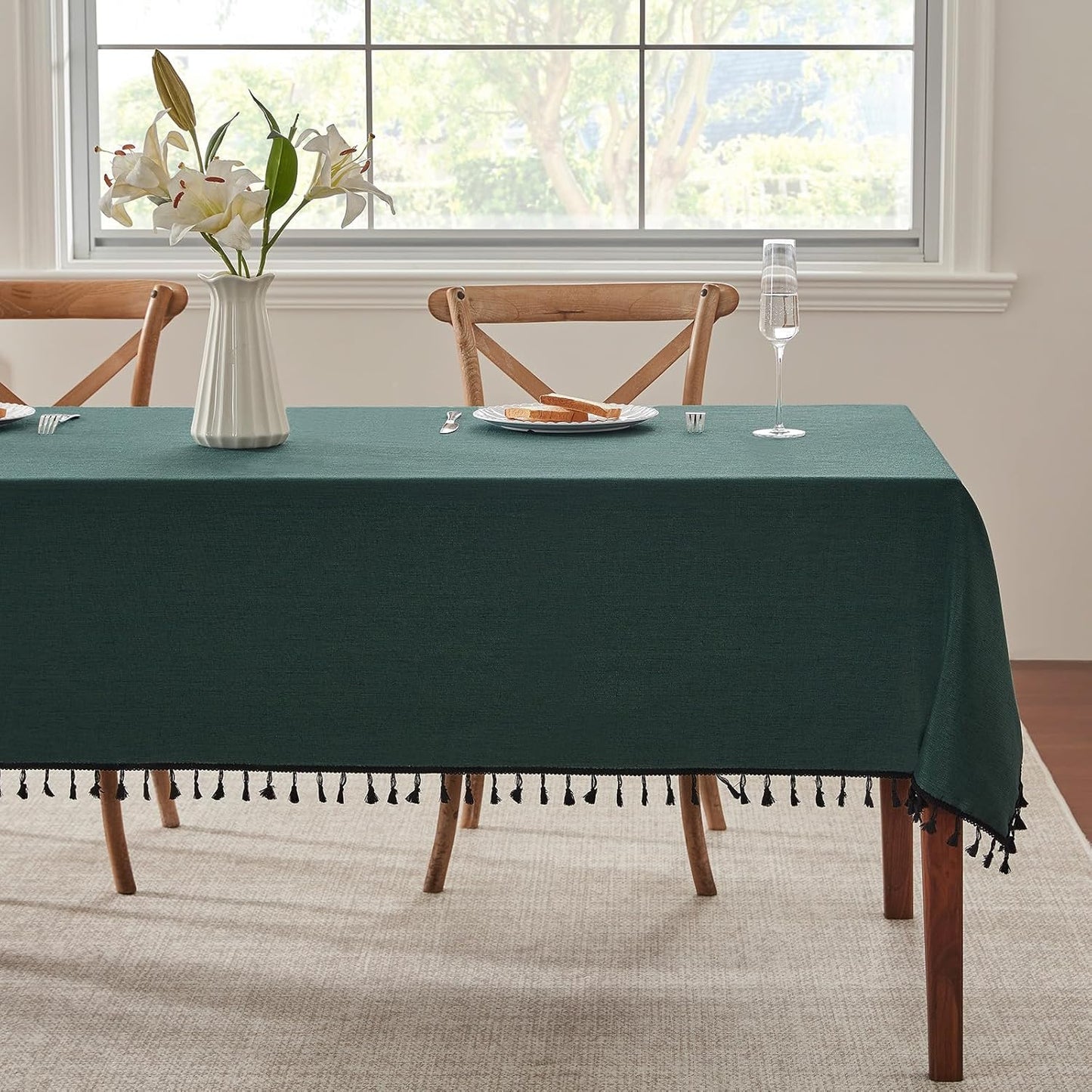Alsoo Table Cloth Rectangle Table Heavy Duty Cotton Linen Tablecloth Farmhouse Boho Waterproof Wrinkle Free Tables Cover with Tassel for Kitchen Dining Holiday Party, Pink, 55" x 75"