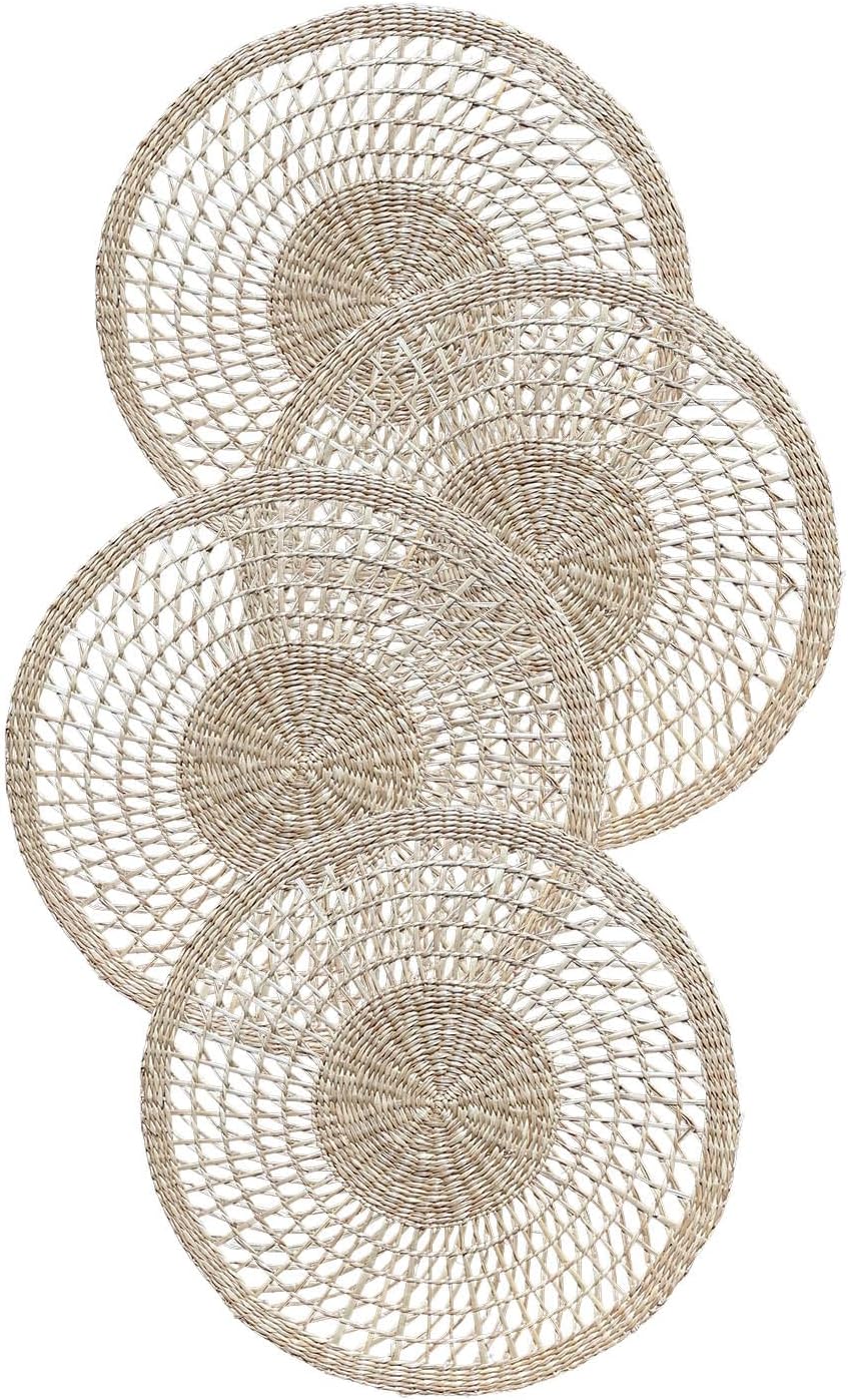 13.8" Round Corn Husk Placemats Set of 6 | Boho Wicker Rattan Woven Table Mats | Farmhouse Spring Plate Chargers Like Seagrass, Water Hyacinth for Christmas, Party, Wedding, Events