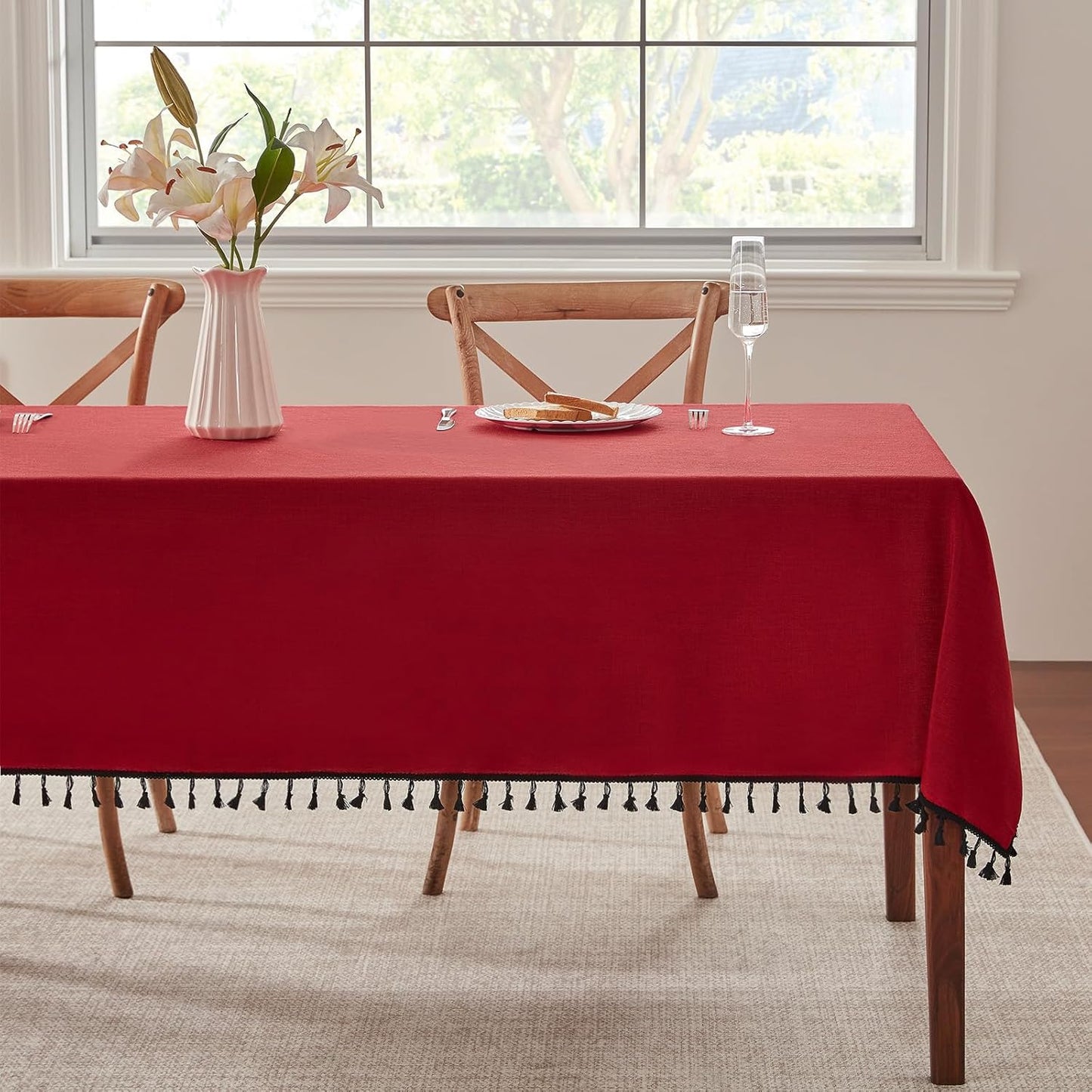 Alsoo Table Cloth Rectangle Table Heavy Duty Cotton Linen Tablecloth Farmhouse Boho Waterproof Wrinkle Free Tables Cover with Tassel for Kitchen Dining Holiday Party, Pink, 55" x 75"
