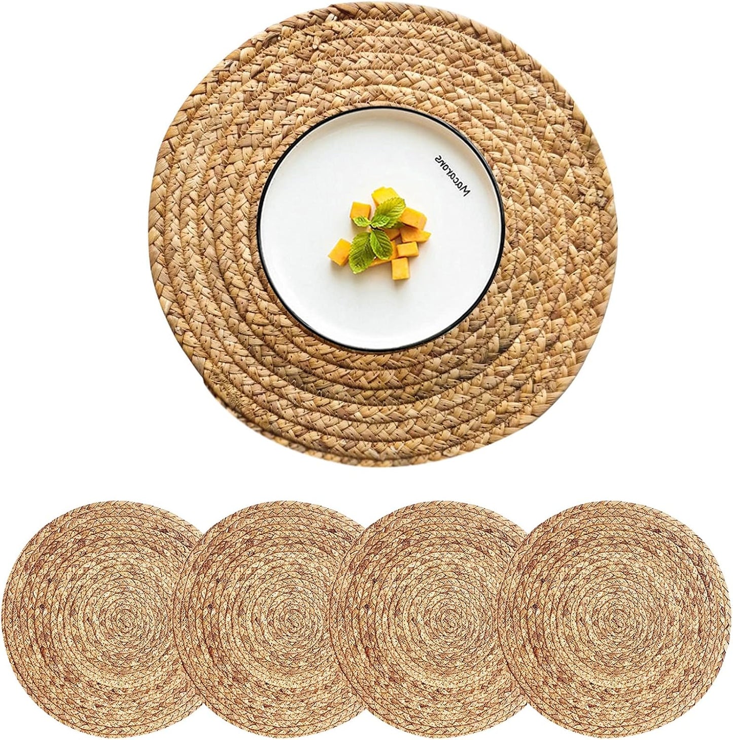 Round Placemats Set of 8 Natural Woven Rattan Placemats, Braided Boho Farmhouse Place Mats Heat Resistant Dining Table Mats Straw Placemat Wicker Outdoor Placemat for Patio Table 13.4''