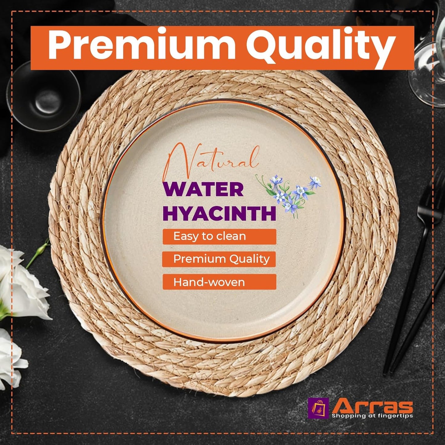 ARRAS 6 Pack Woven Round Rattan Placemats I 12" Natural Water Hyacinth Wicker Placemats I Rustic Boho Braided Wicker Table Mats I Heat Resistant Woven Placemat I Ideal for Dining, Kitchen, Home Decor