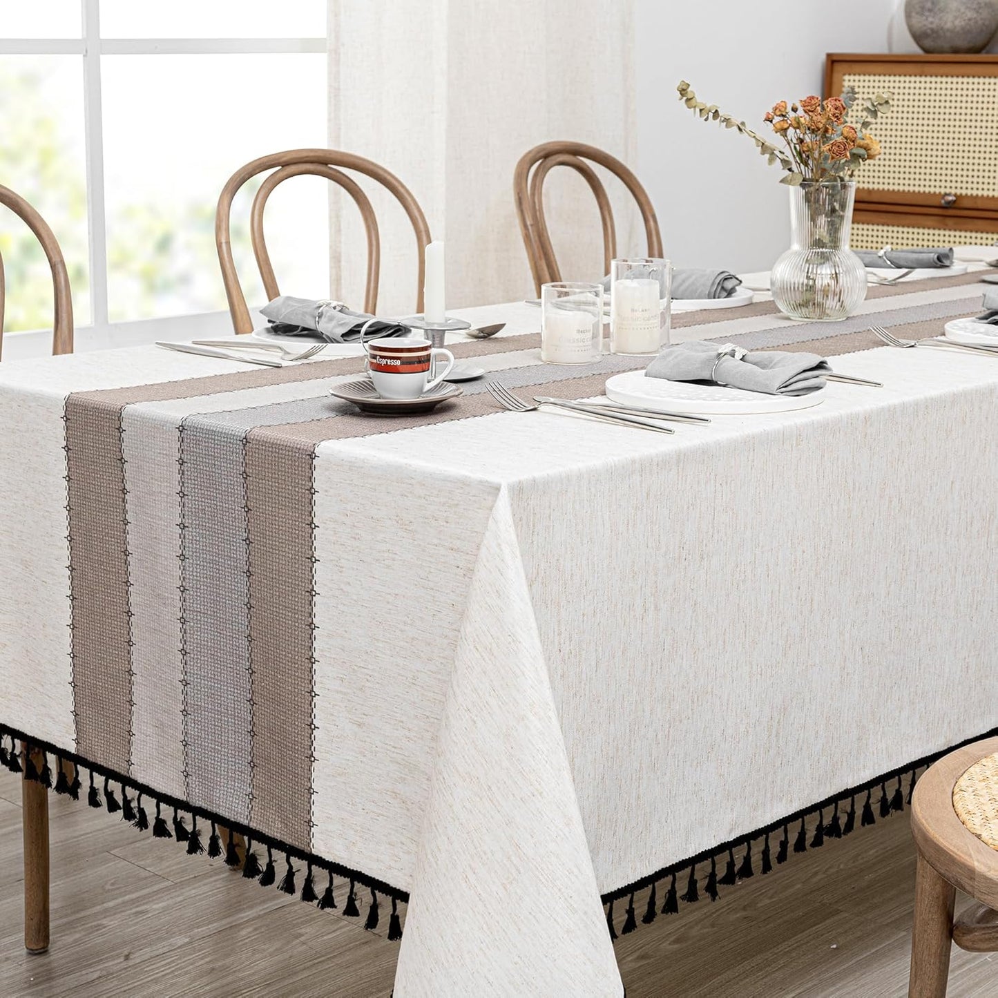 MYSKY HOME Table Cloth 60x84 in Rectangle Table, Heavy Duty Cotton Tassel Linen Look Waterproof Tablecloths Farmhouse Tablecloth, Wrinkle Free Table Cover with Beige Tassels for Kitchen Dining, Party
