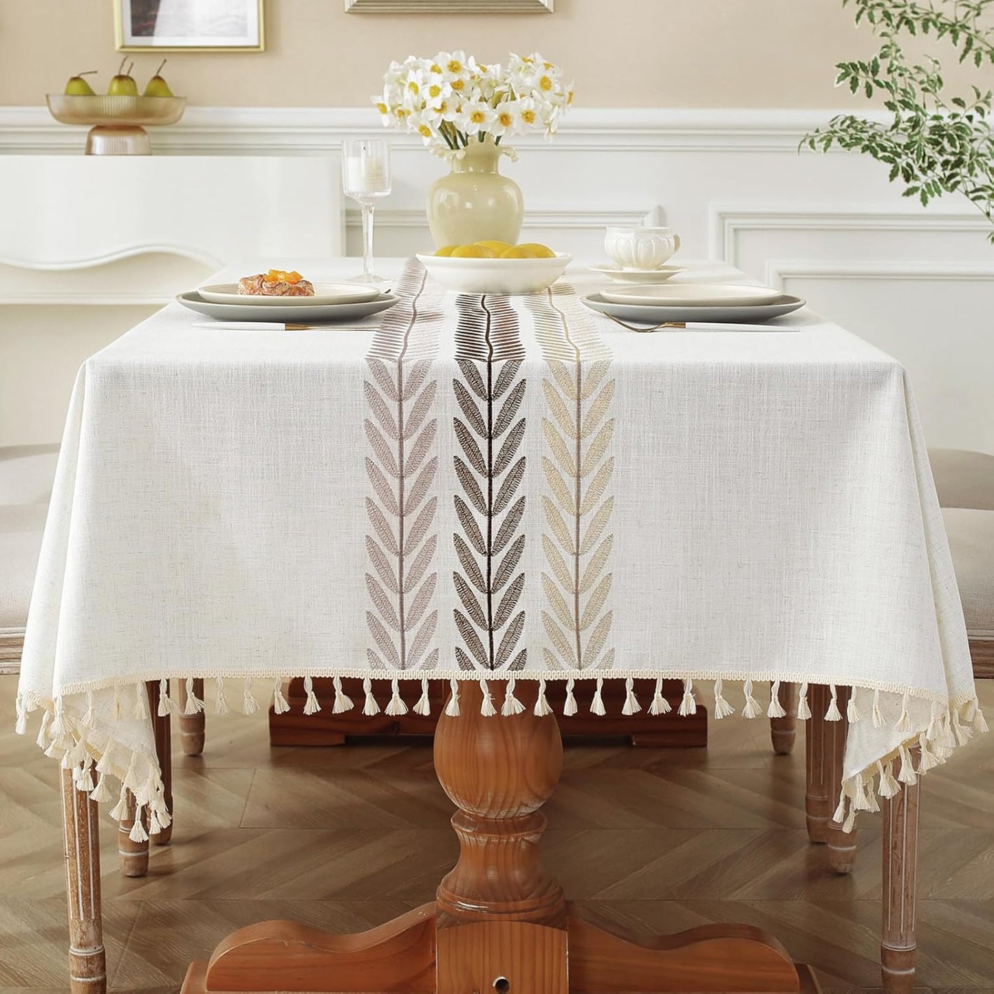 Laolitou Cotton Linen Waterproof Tablecloth for Dining Table Farmhouse Kitchen Rectangle Table Cloth Coffee Wrinkle Free Tables Cover, Beige, Coffee Flower, 55x86 Inch