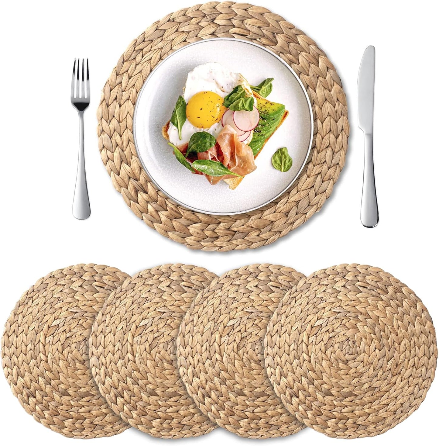 6 Pack, Round Woven Placemats, Natural Water Hyacinth Wicker Place mats, Braided Straw Table Mats for Dining Table, Fall, Halloween, Thanksgiving, Chrismats (13.8 inch)
