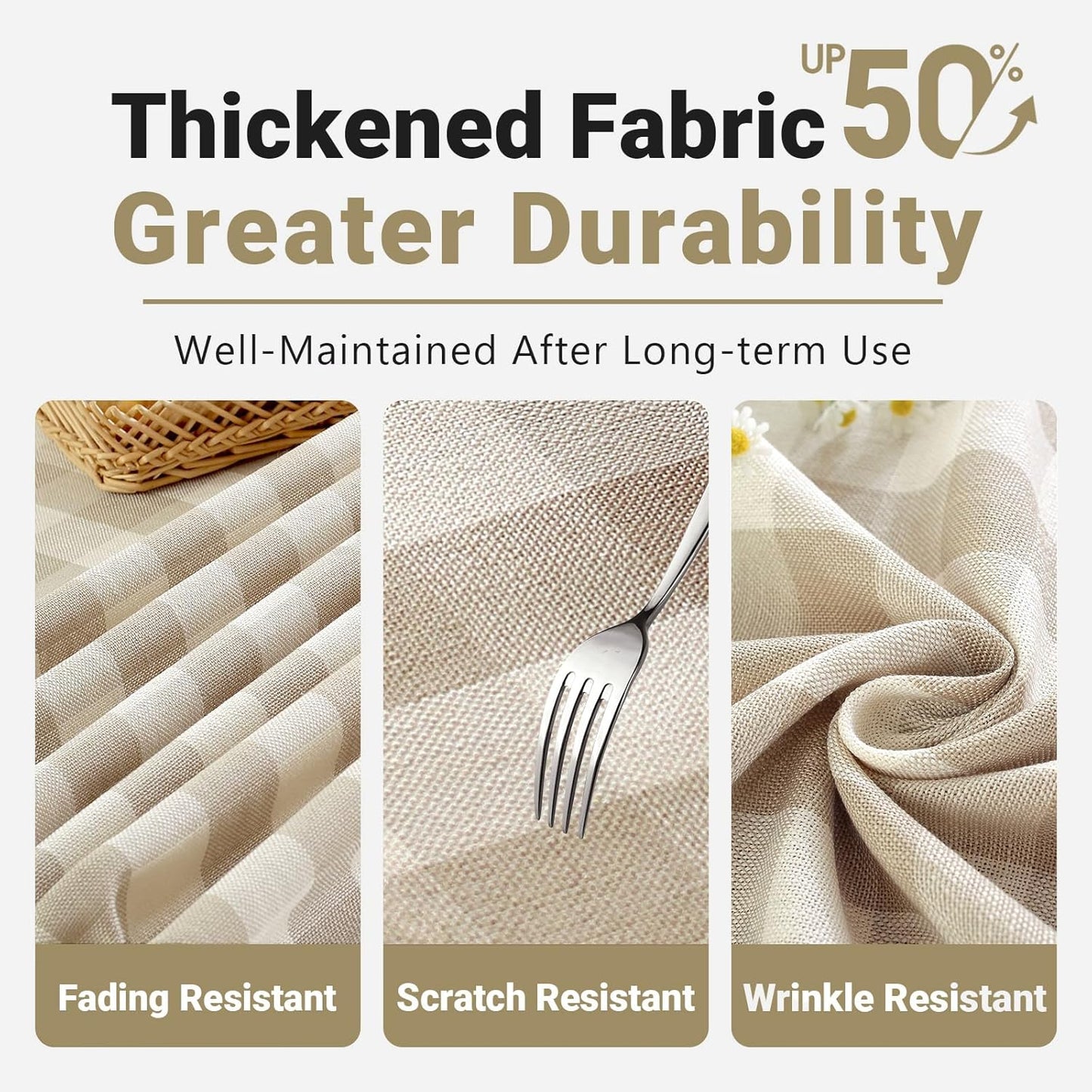 Laolitou Beige Checkered Round Tablecloth Washable Buffalo Plaid Table Cloth with Tassel Cotton Linen Gingham Table Cover for Dining Room, Beige, Round, 60", 2-4 Seats