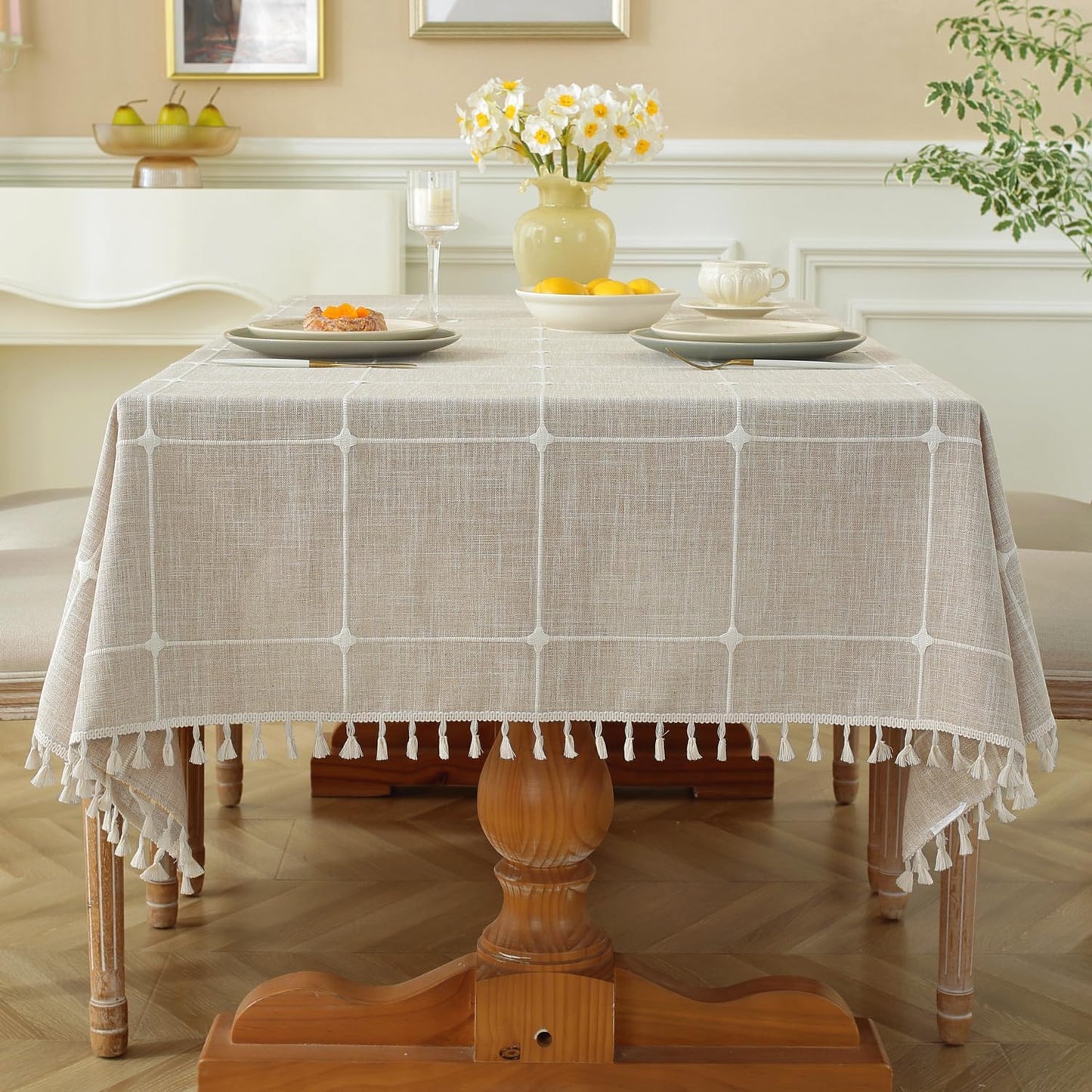 Laolitou Rustic Cotton Linen Table Cloth,Tablecloths for 6 Foot Rectangle Tables,Waterproof Washable Tablecloth with Tassel Rectangle/Oblong, 55''x 86'', 6-8 Seats
