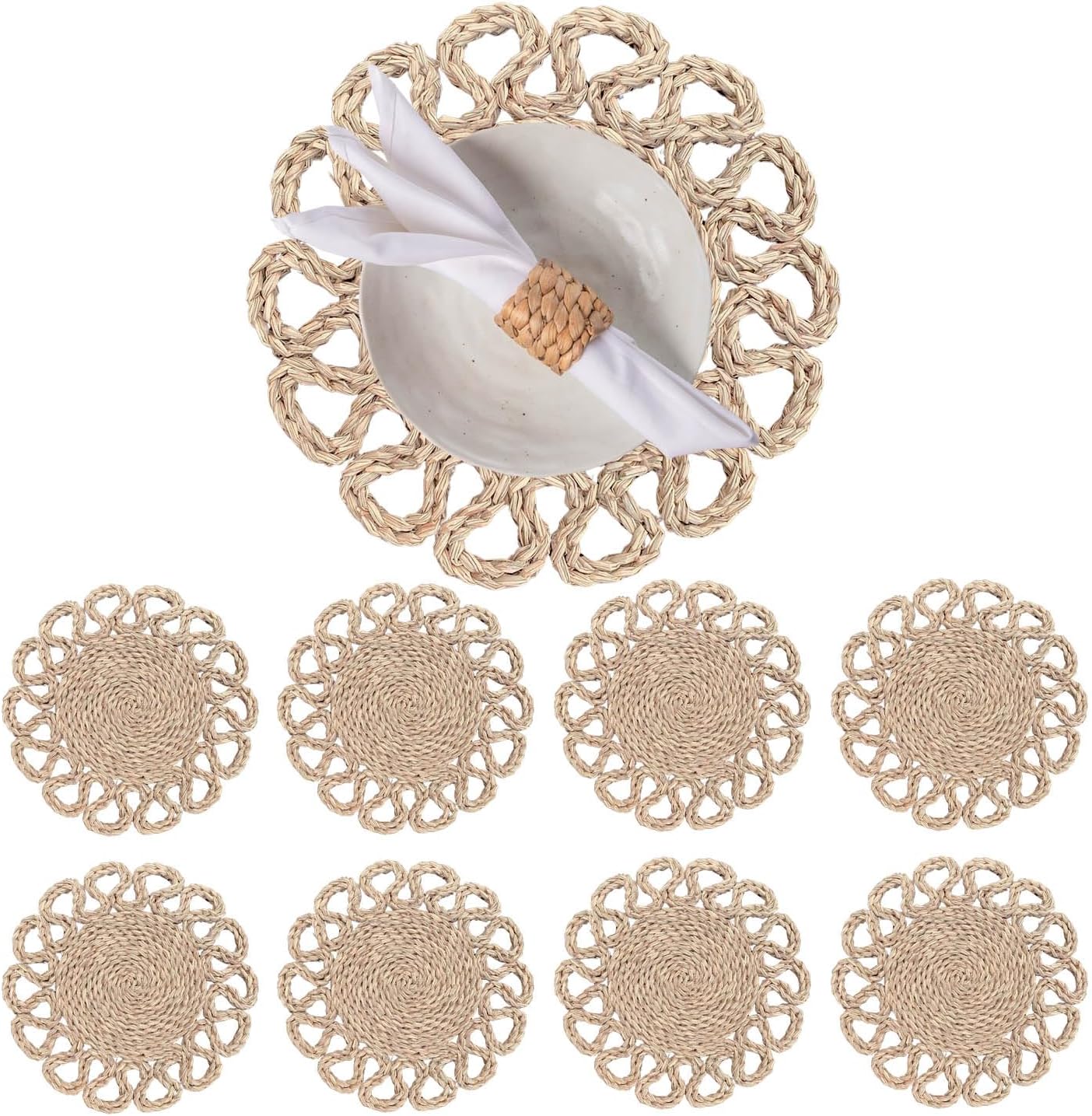 13.8" Round Corn Husk Placemats Set of 6 | Boho Wicker Rattan Woven Table Mats | Farmhouse Spring Plate Chargers Like Seagrass, Water Hyacinth for Christmas, Party, Wedding, Events