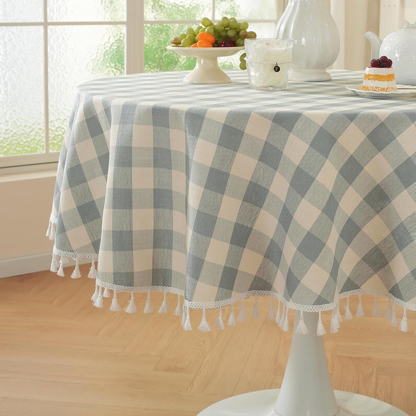 Laolitou Beige Checkered Round Tablecloth Washable Buffalo Plaid Table Cloth with Tassel Cotton Linen Gingham Table Cover for Dining Room, Beige, Round, 60", 2-4 Seats
