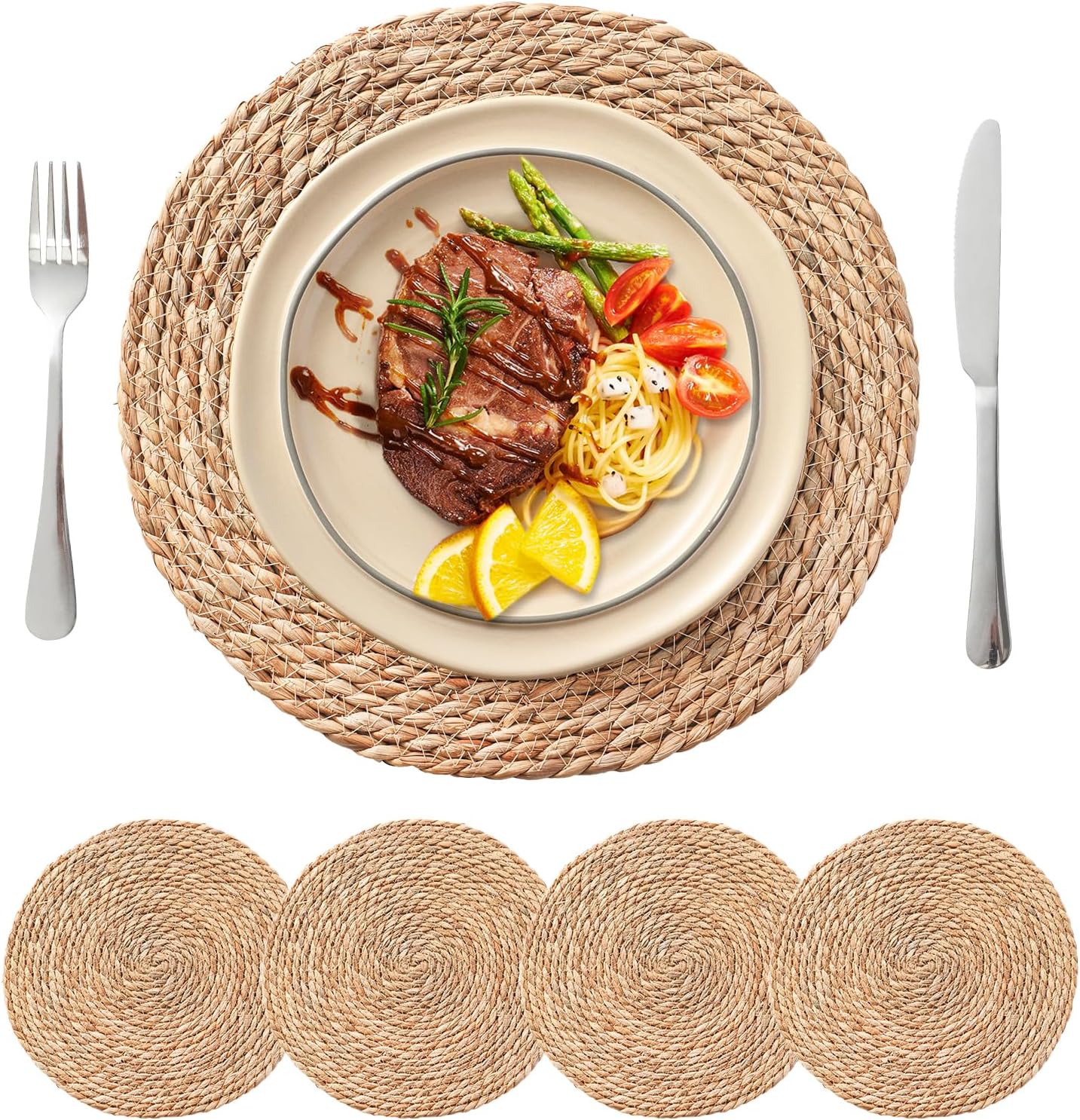 13.5'' Round Woven Placemats Set of 12, Boho Rattan Chargers for Dinner Plates, Rustic Wicker Place Mats, Straw Braided Table Placemats, for Dining Table, Wedding, Farmhouse, Outdoor and Christmas